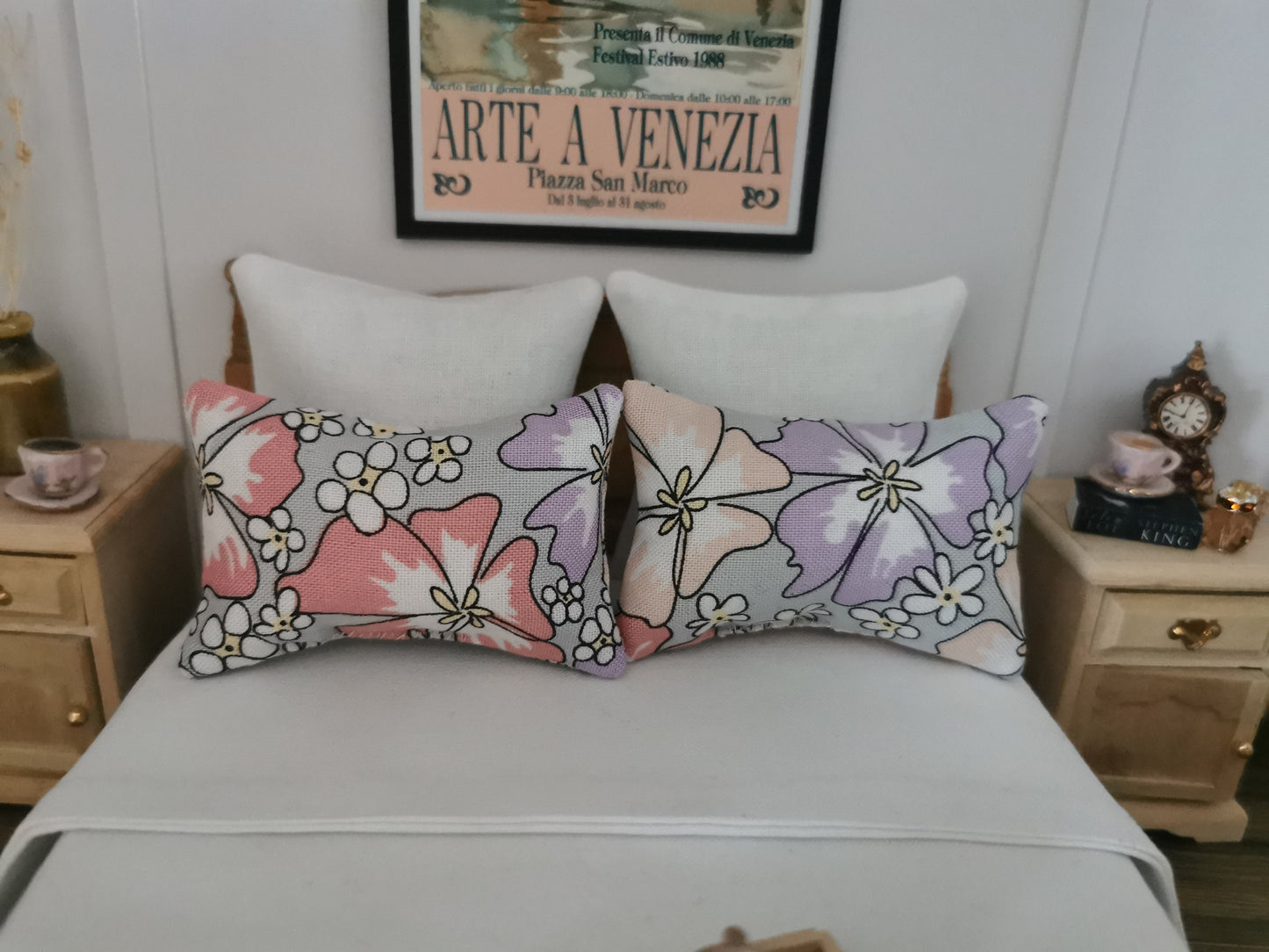 Grey/Pink/Purple Floral Print Pillows | Set of 2 | 1:12th Scale | Handmade - ZJ Miniatures 