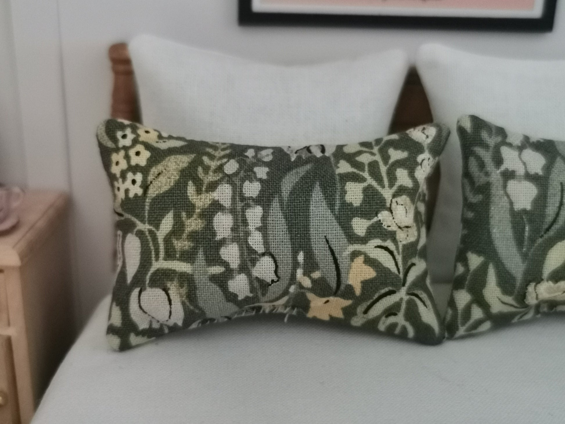 Green Floral/Leaf Print Pillows | Set of 2 | 1:12th Scale | Handmade - ZJ Miniatures 