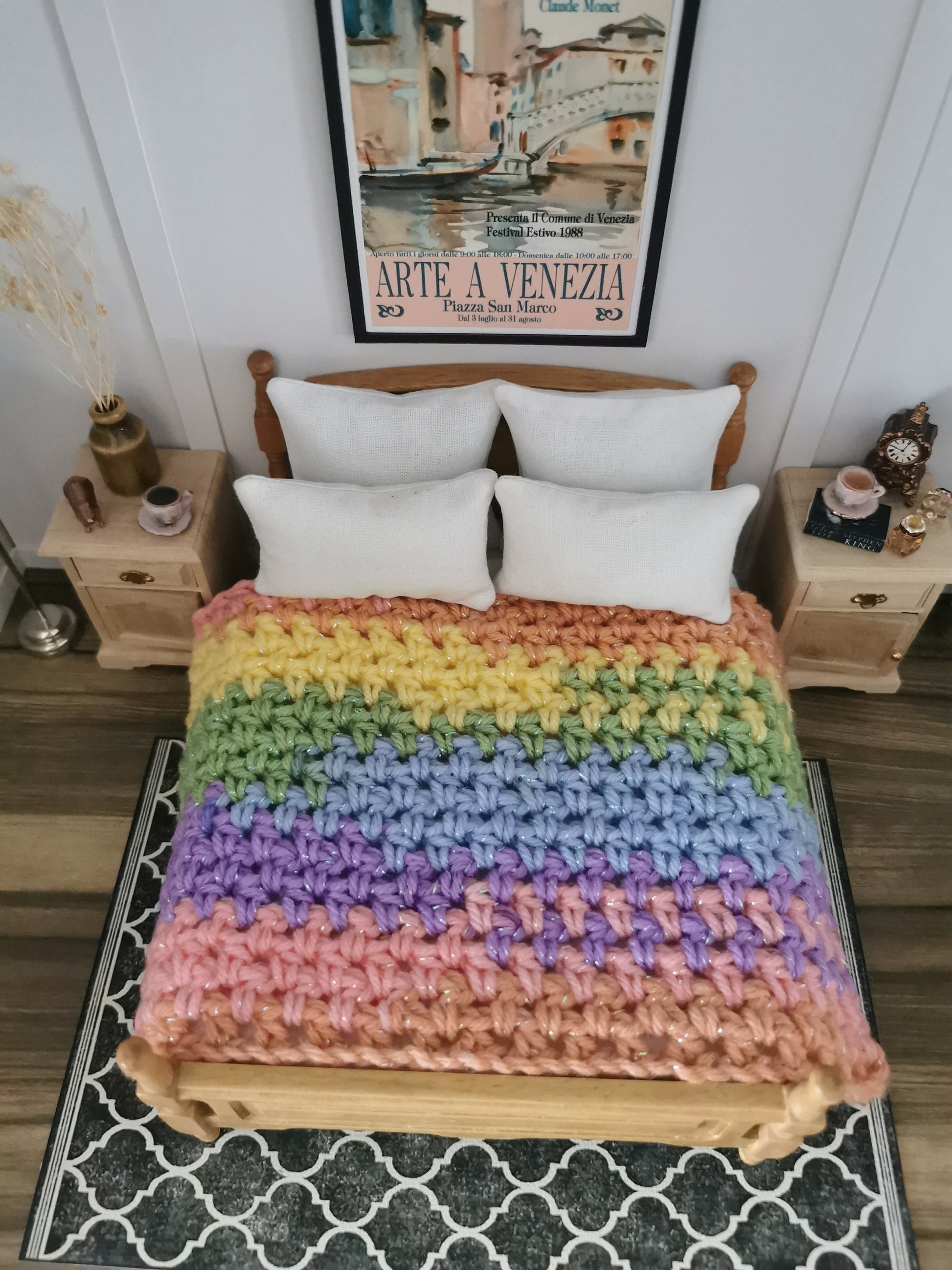 Rainbow Glitter Blanket | 1:12th Scale | Hand Crocheted - ZJ Miniatures 