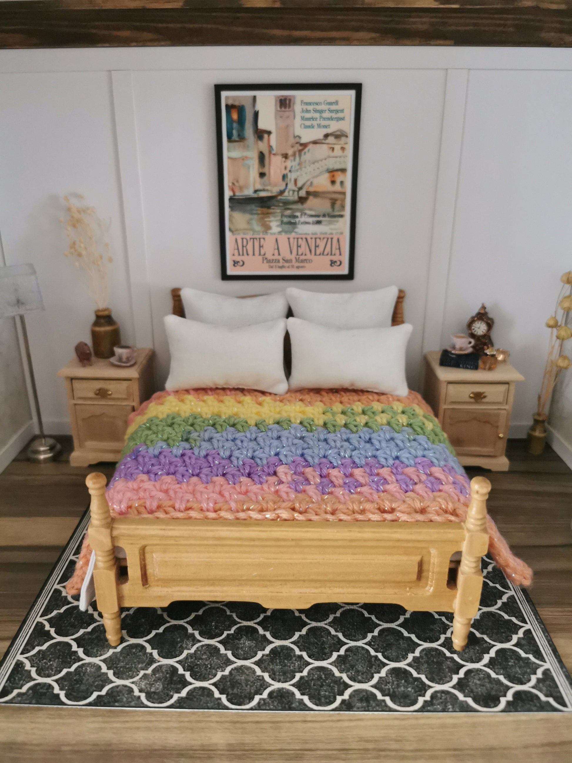 Rainbow Glitter Blanket | 1:12th Scale | Hand Crocheted - ZJ Miniatures 