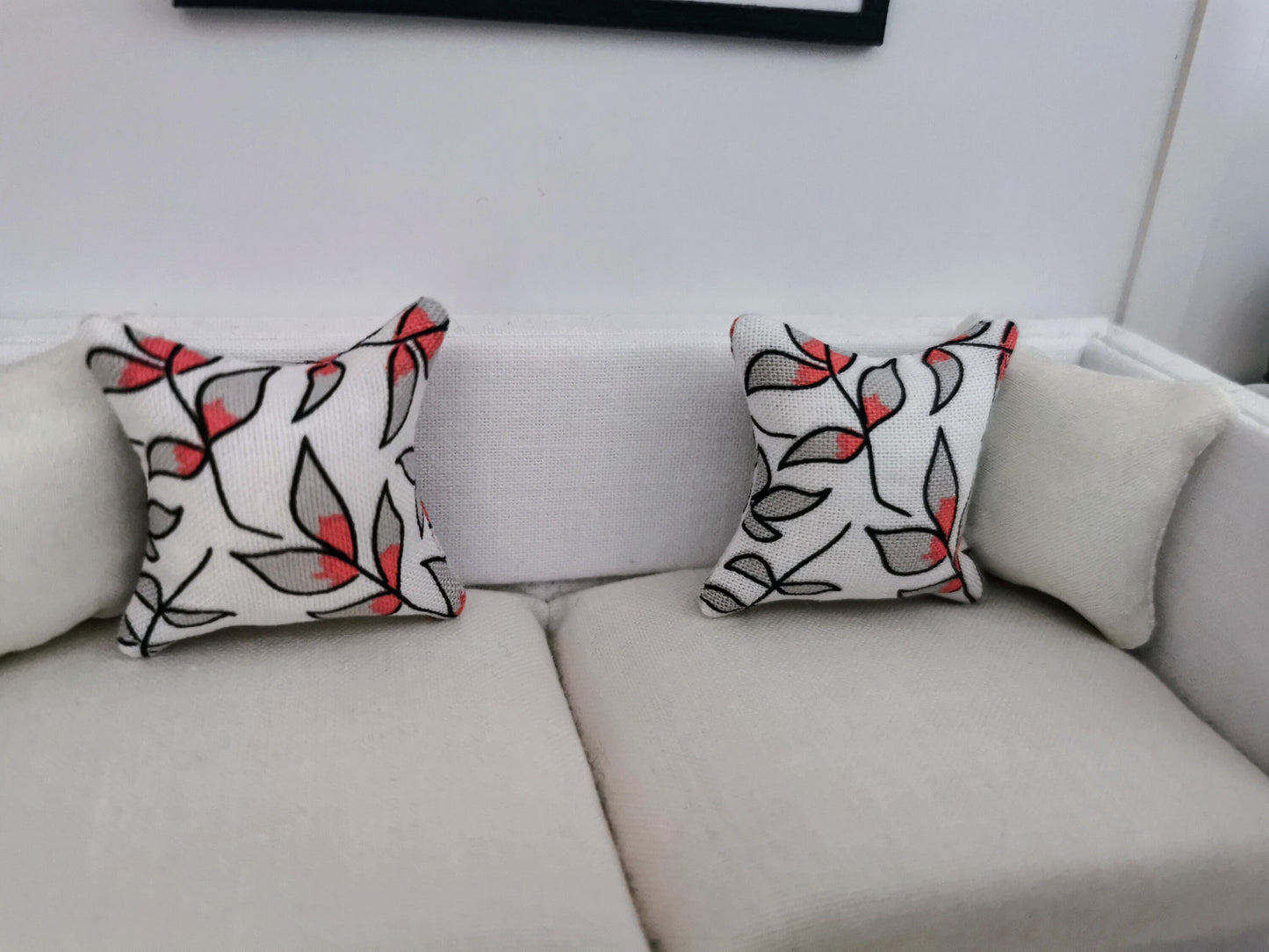 White/Grey/Coral Leaf Print Cushion | 1:12th Scale | Handmade - ZJ Miniatures 