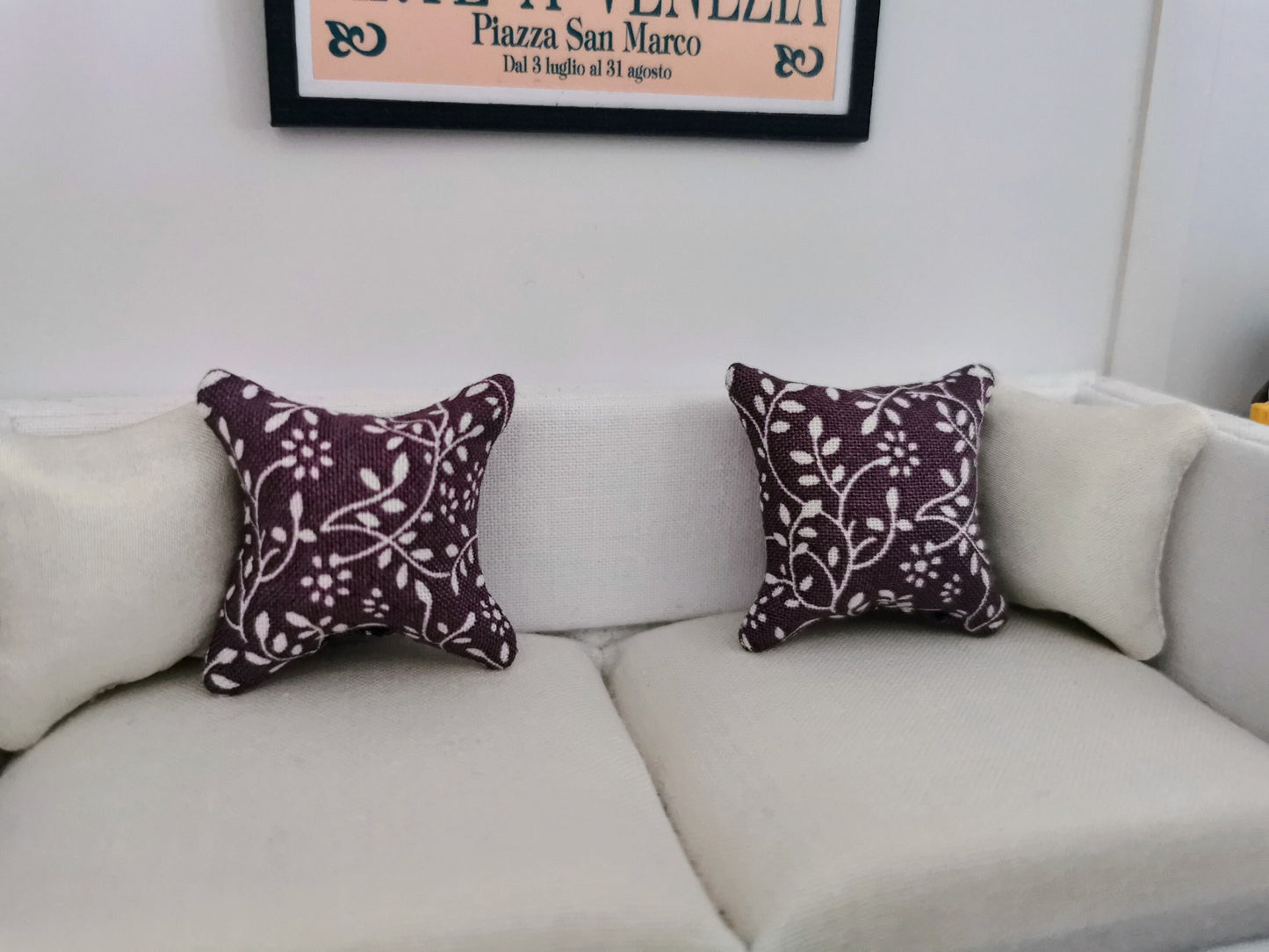 Purple/White Vine Print Cushion | 1:12th Scale | Handmade - ZJ Miniatures 