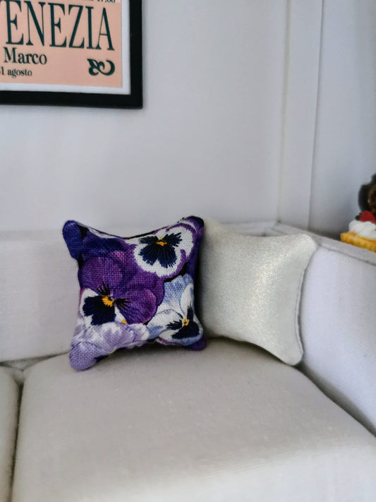 Purple Pansy Print Cushion | 1:12th Scale | Handmade - ZJ Miniatures 