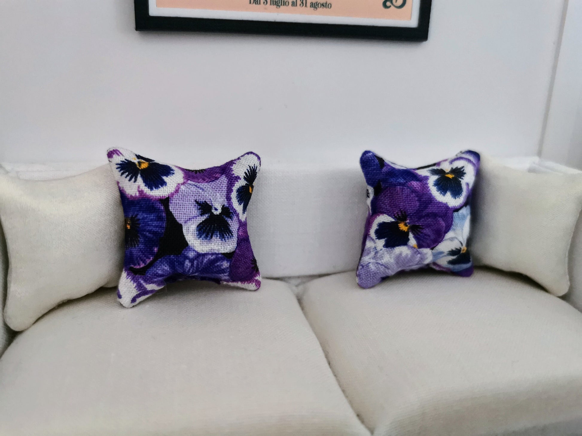 Purple Pansy Print Cushion | 1:12th Scale | Handmade - ZJ Miniatures 