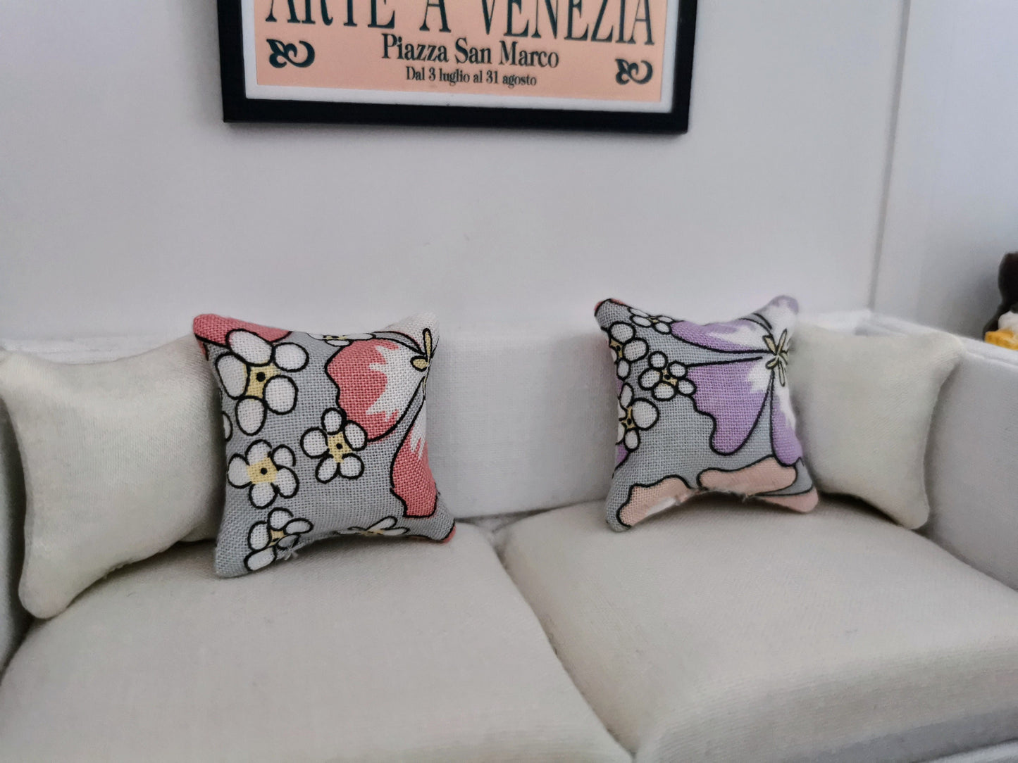 Grey/Pink/Purple Floral Print Cushion | 1:12th Scale | Handmade - ZJ Miniatures 