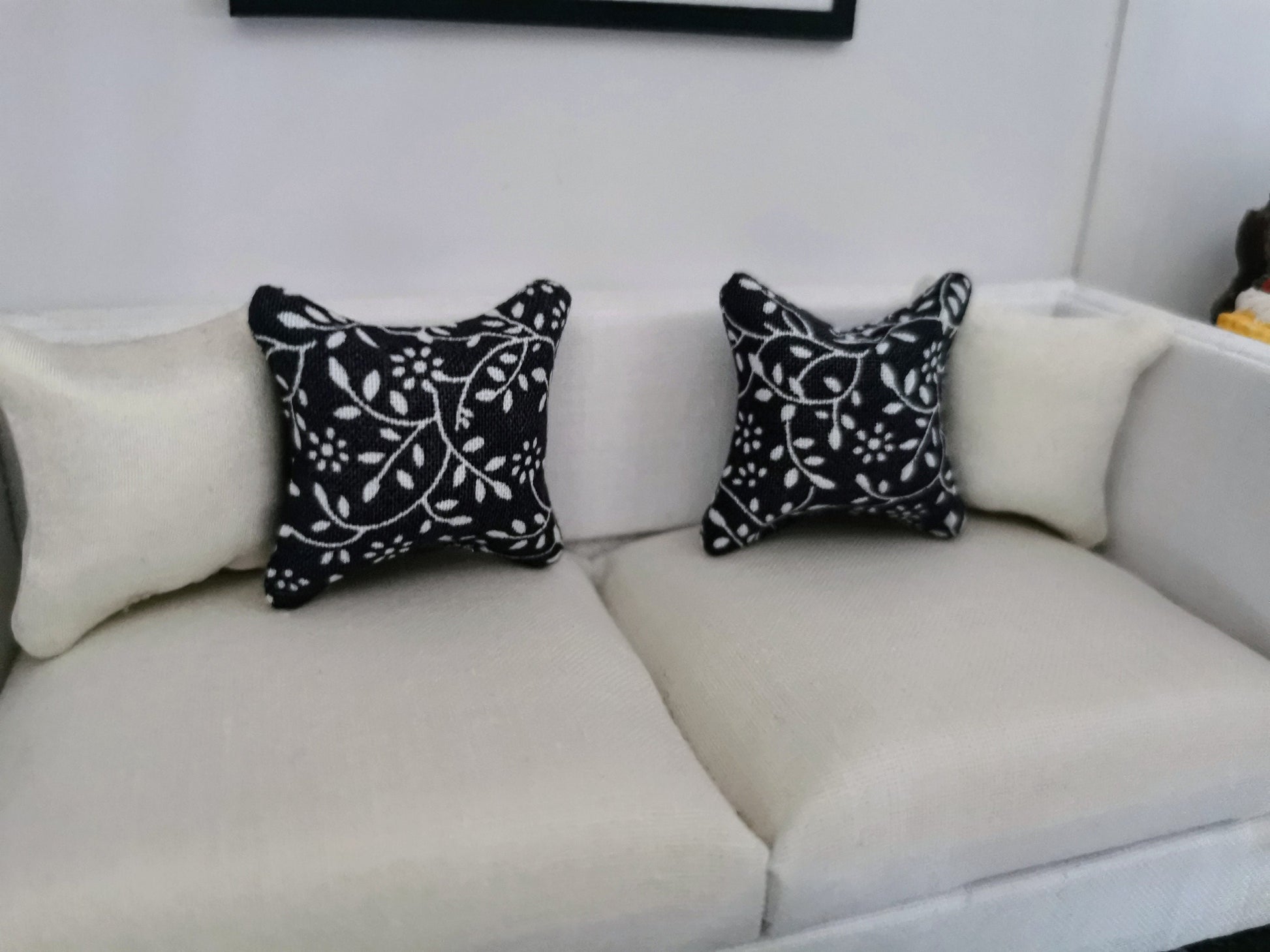 Dark Grey/White Vine Print Cushion | 1:12th Scale | Handmade - ZJ Miniatures 