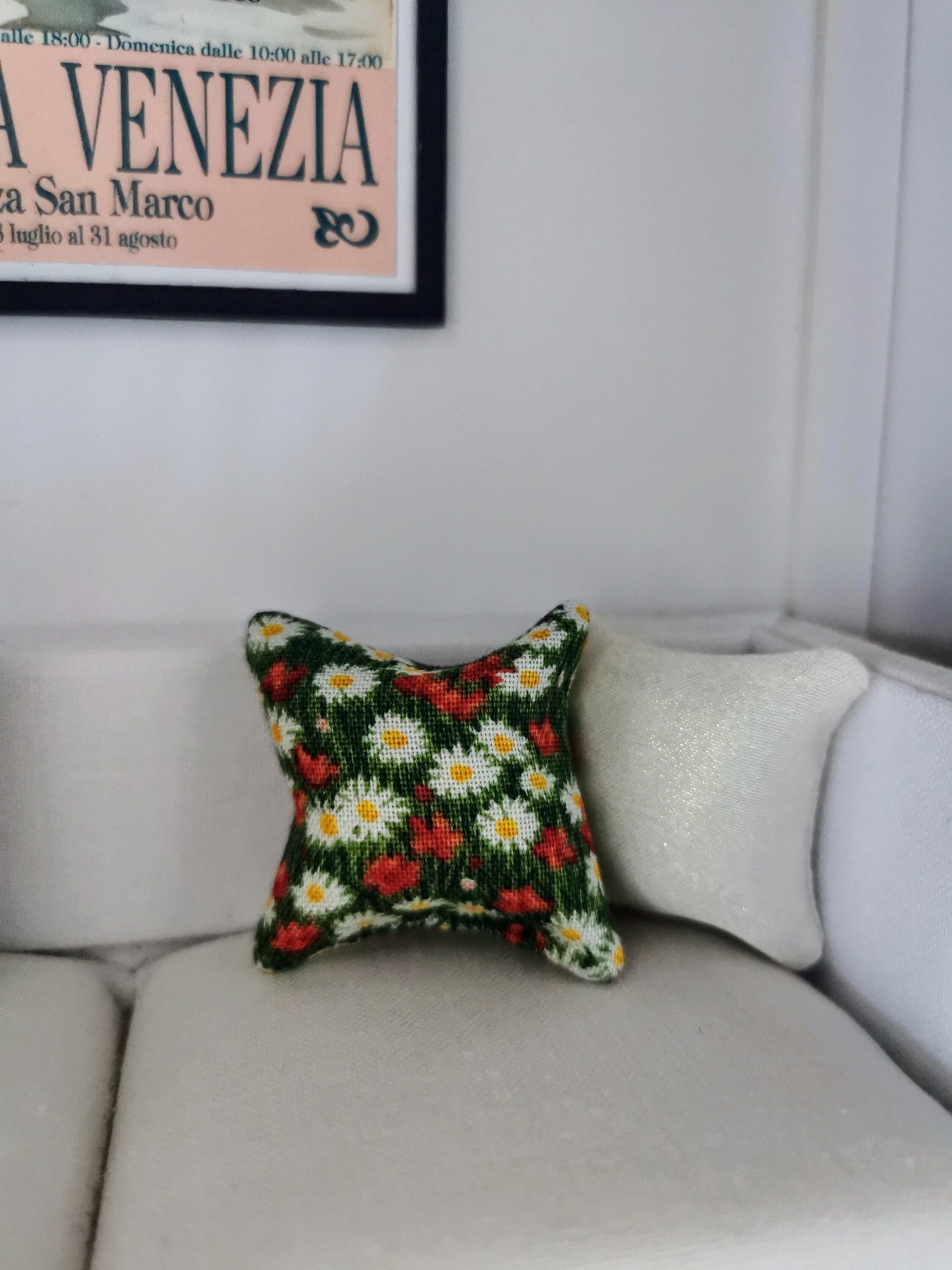 Green/Red/White Floral Print Cushion | 1:12th Scale | Handmade - ZJ Miniatures 