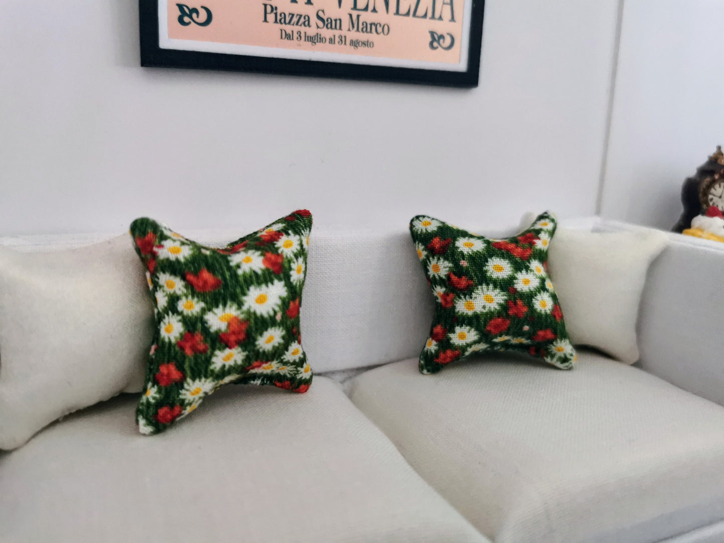 Green/Red/White Floral Print Cushion | 1:12th Scale | Handmade - ZJ Miniatures 