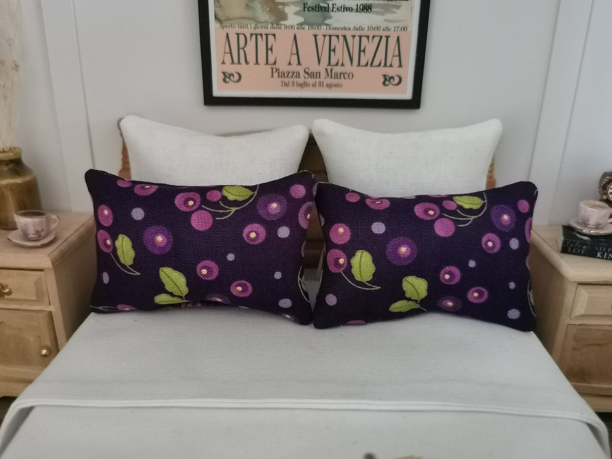 Purple Berry Print Pillows | Set of 2 | 1:12th Scale | Handmade - ZJ Miniatures 