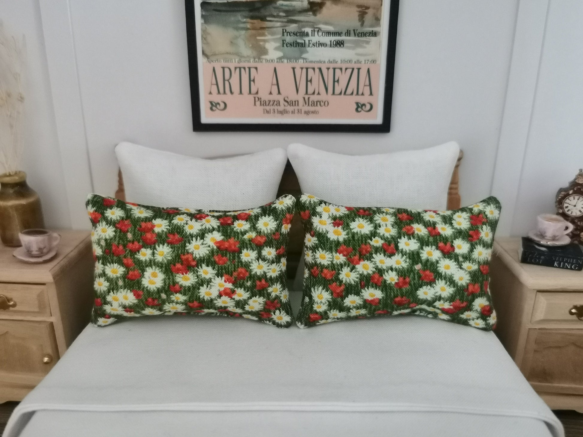 Green/Red/White Floral Print Pillows | Set of 2 | 1:12th Scale | Handmade - ZJ Miniatures 