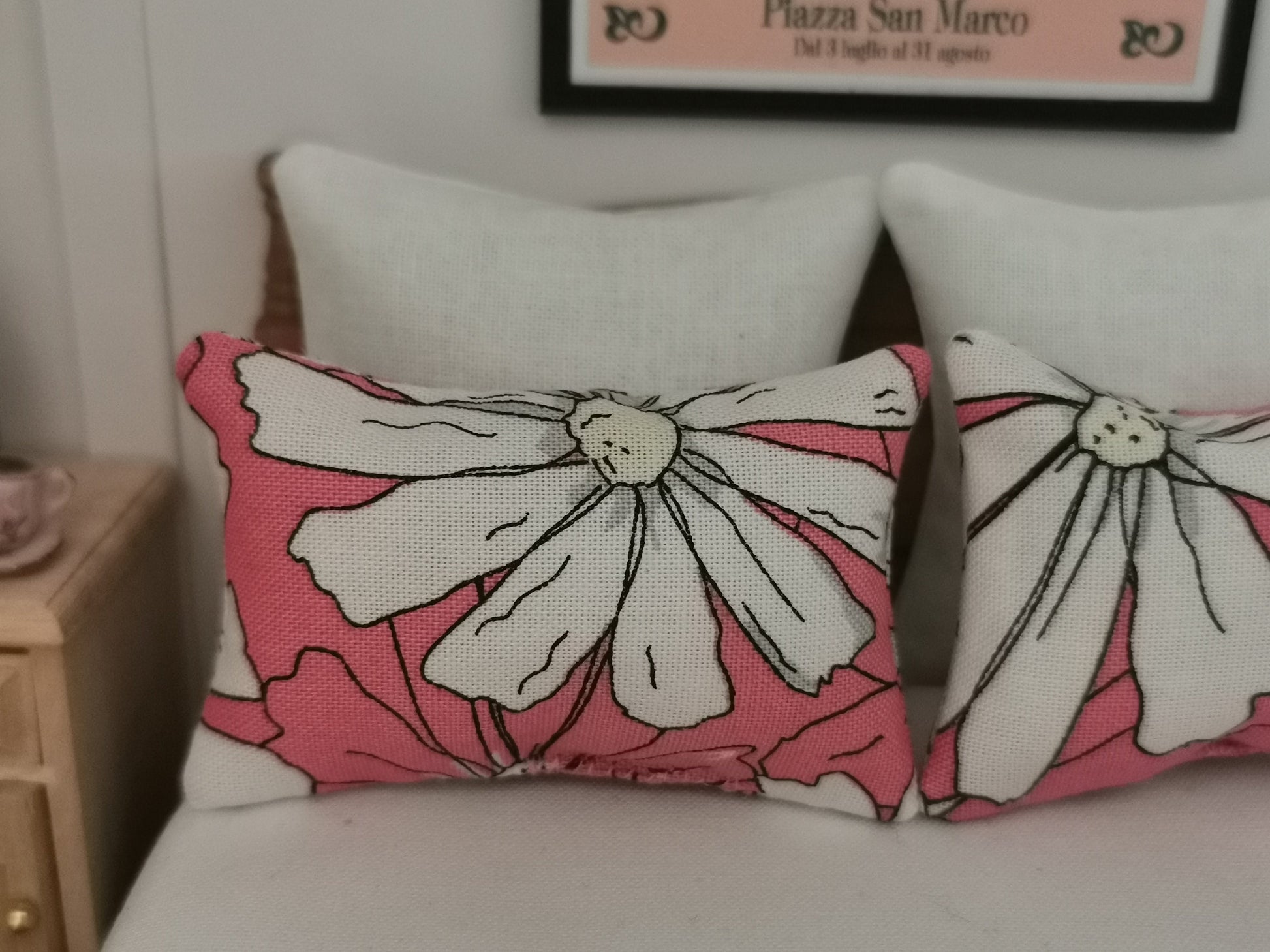 Pink/White/Grey Floral Print Pillows | Set of 2 | 1:12th Scale | Handmade - ZJ Miniatures 