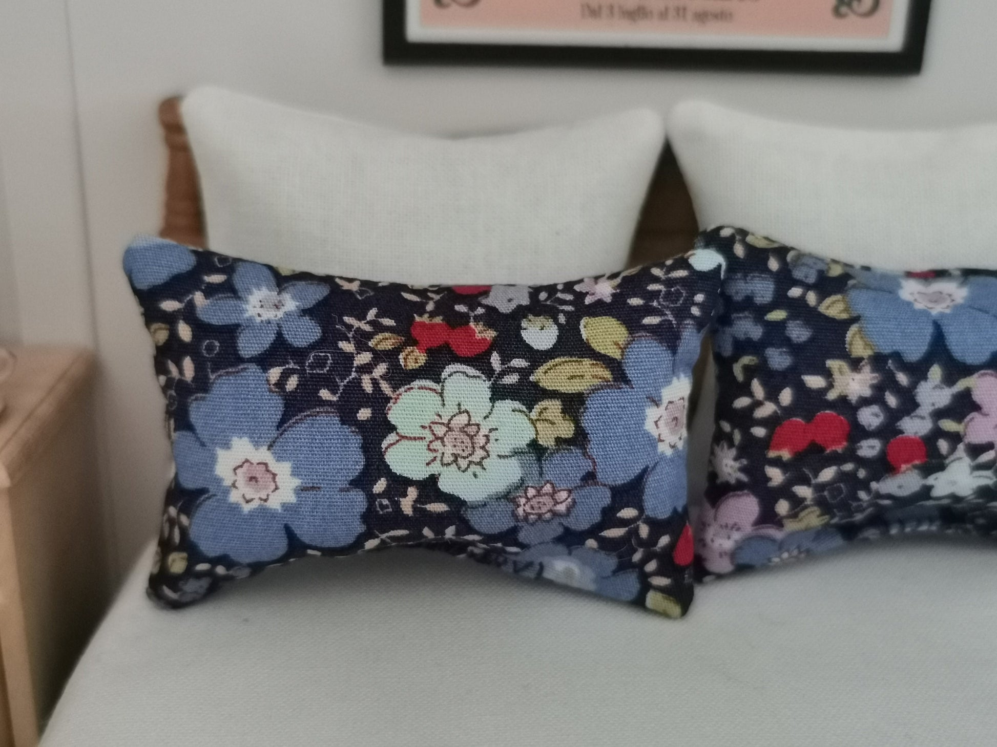 Blue Floral Print Pillows | Set of 2 | 1:12th Scale | Handmade - ZJ Miniatures 