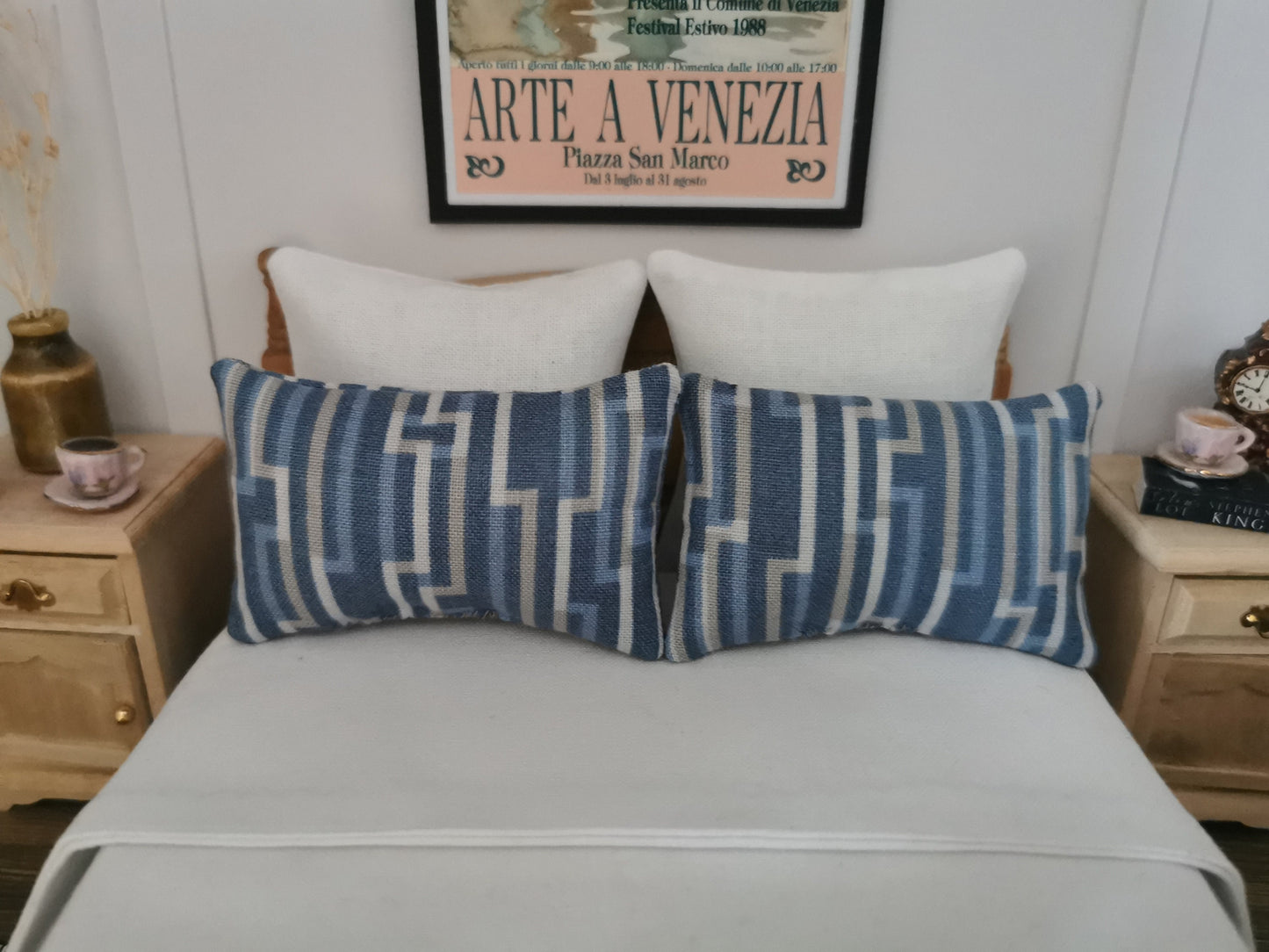 Blue/Grey Line Print Pillows | Set of 2 | 1:12th Scale | Handmade - ZJ Miniatures 