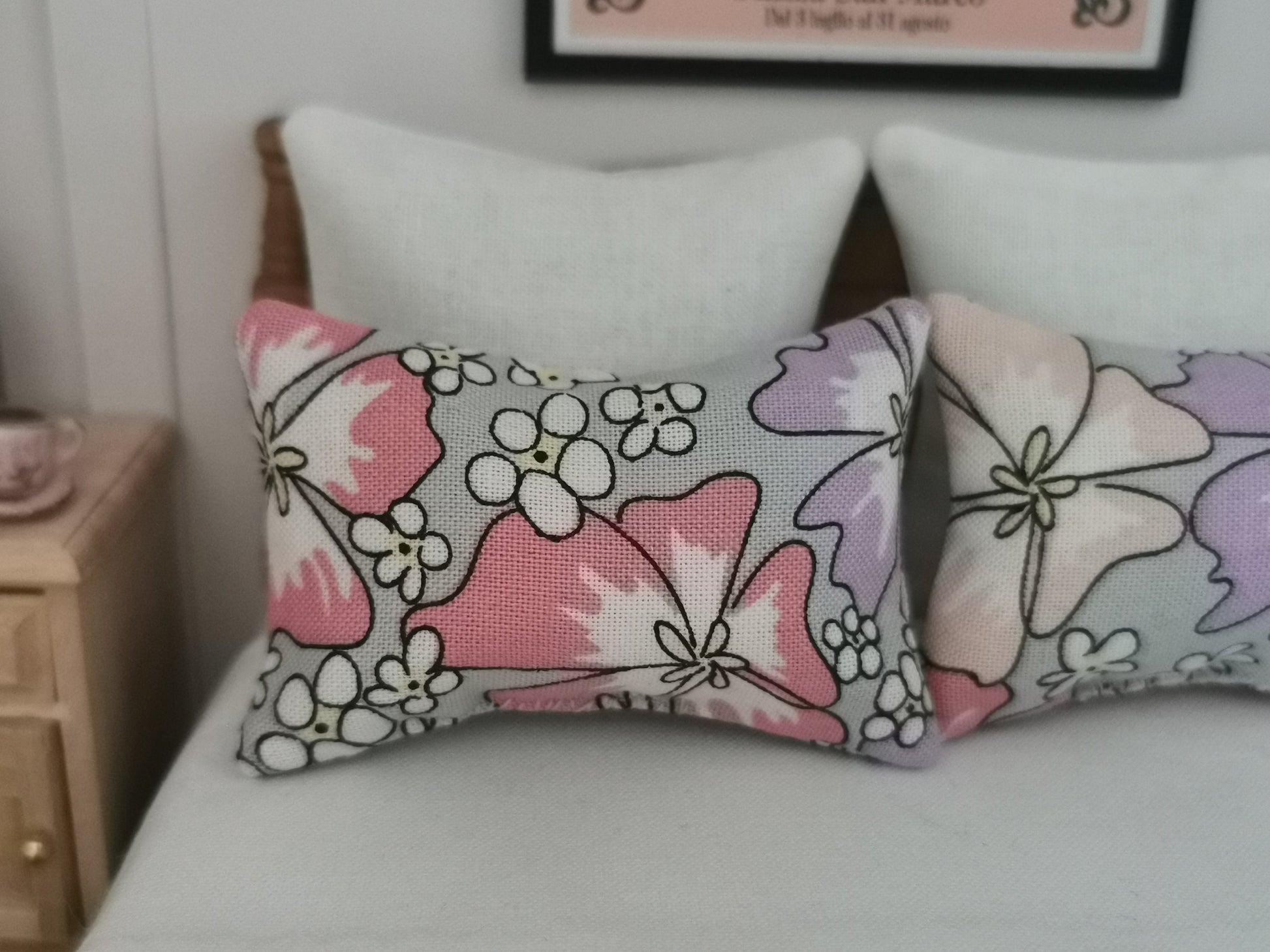 Grey/Pink/Purple Floral Print Pillows | Set of 2 | 1:12th Scale | Handmade - ZJ Miniatures 