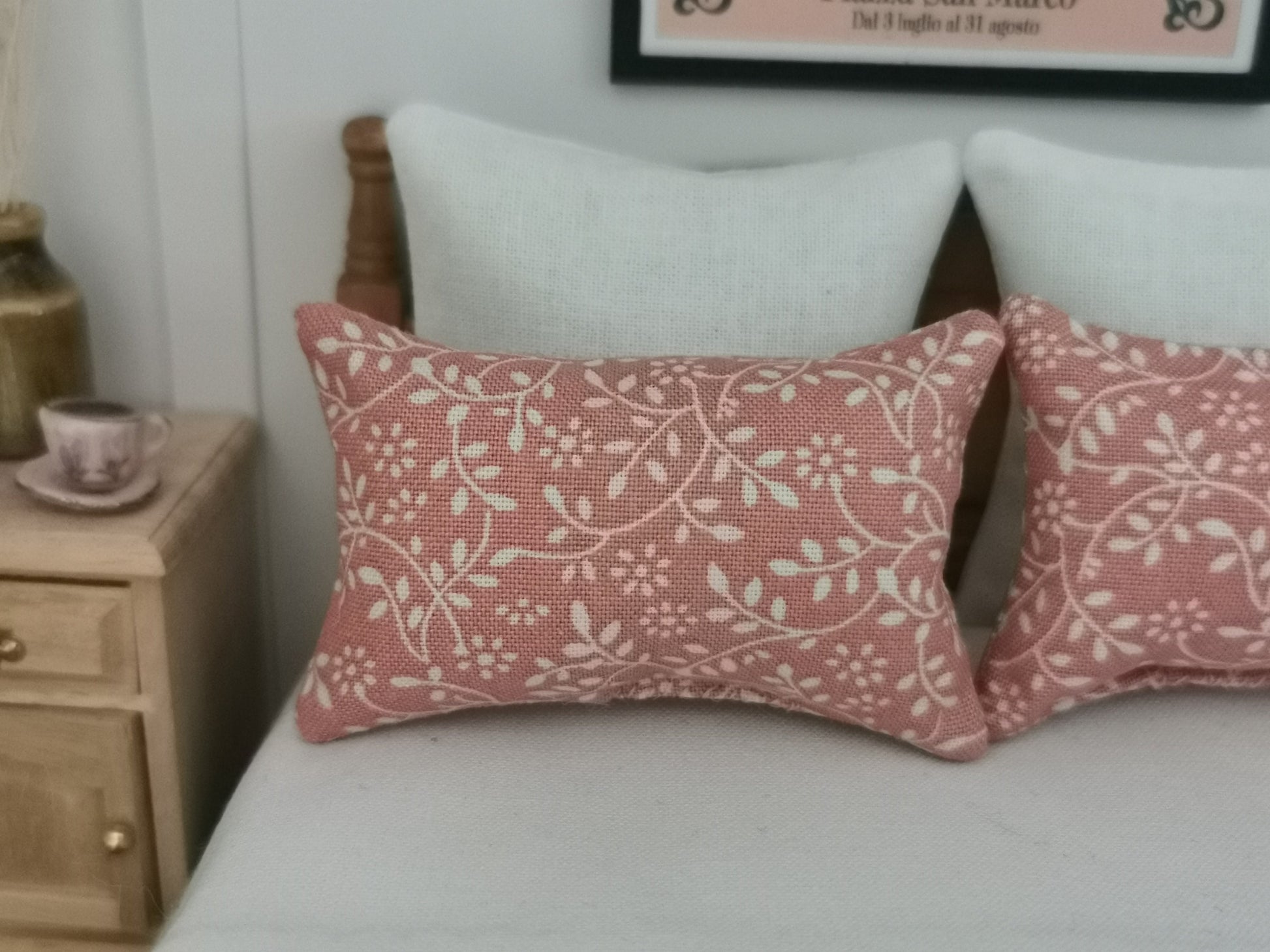 Pink/White Vine Print Pillows | Set of 2 | 1:12th Scale | Handmade - ZJ Miniatures 