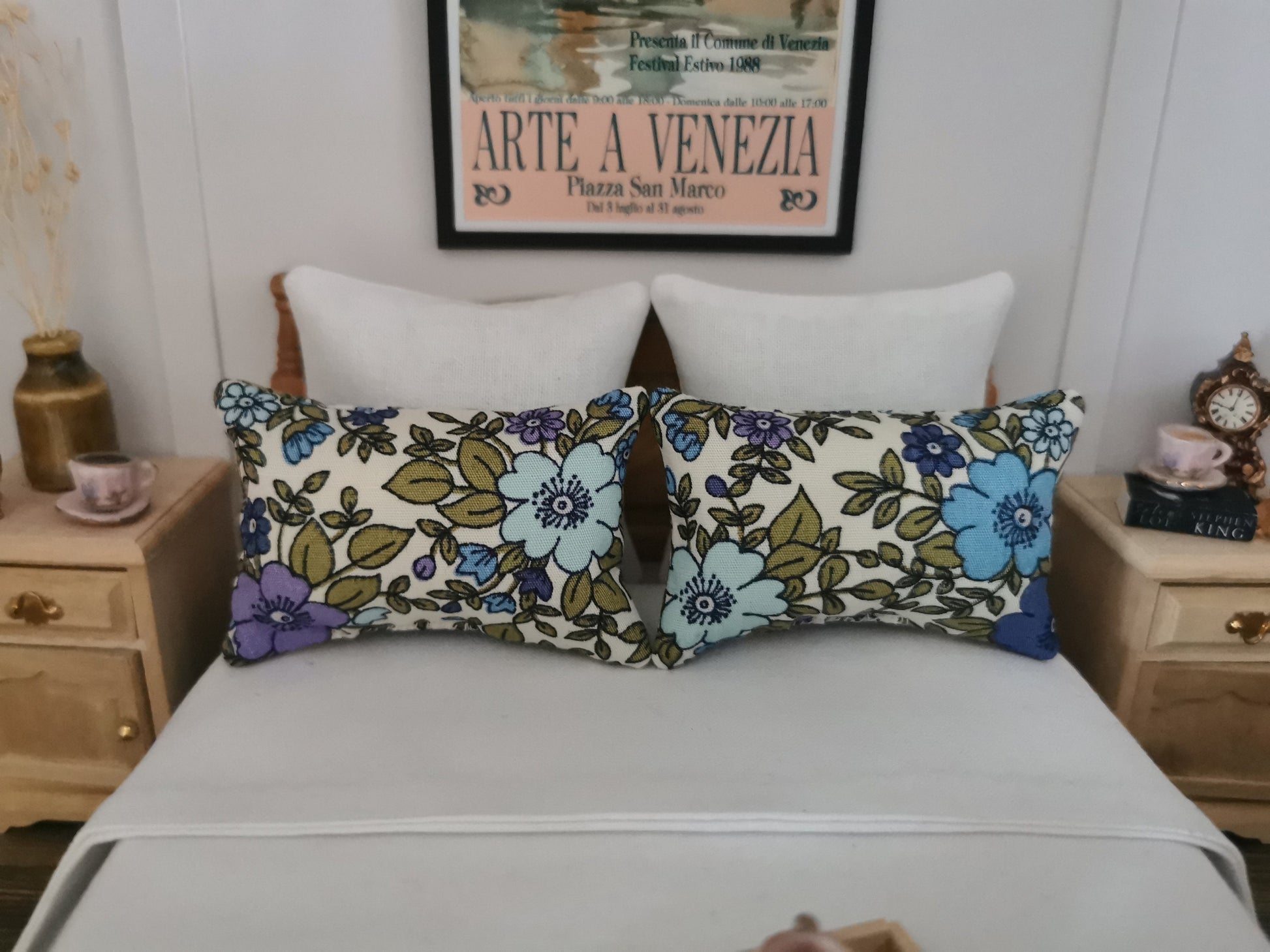 Cream/Purple/Blue Floral Print Pillows | Set of 2 | 1:12th Scale | Handmade - ZJ Miniatures 