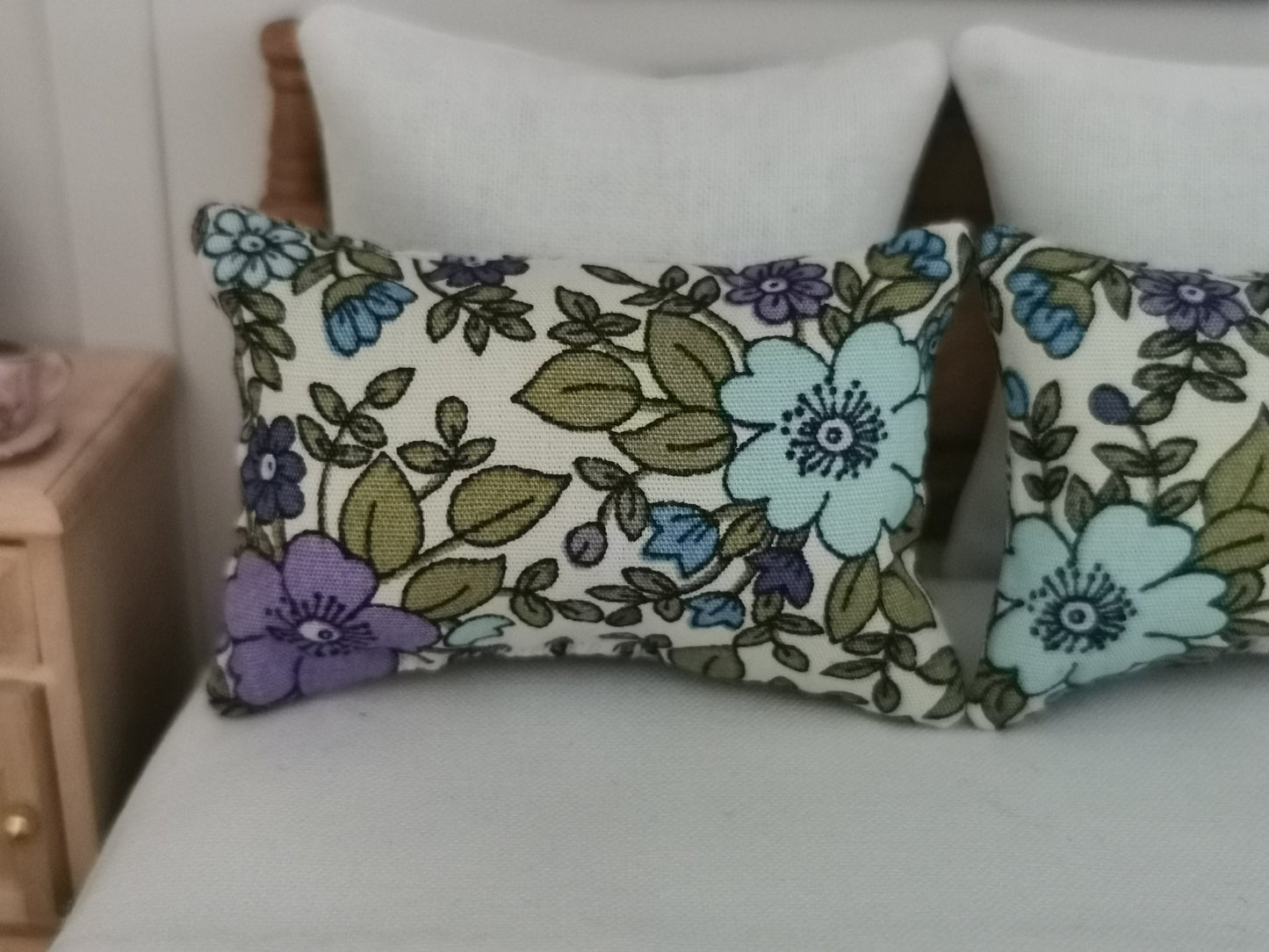 Cream/Purple/Blue Floral Print Pillows | Set of 2 | 1:12th Scale | Handmade - ZJ Miniatures 