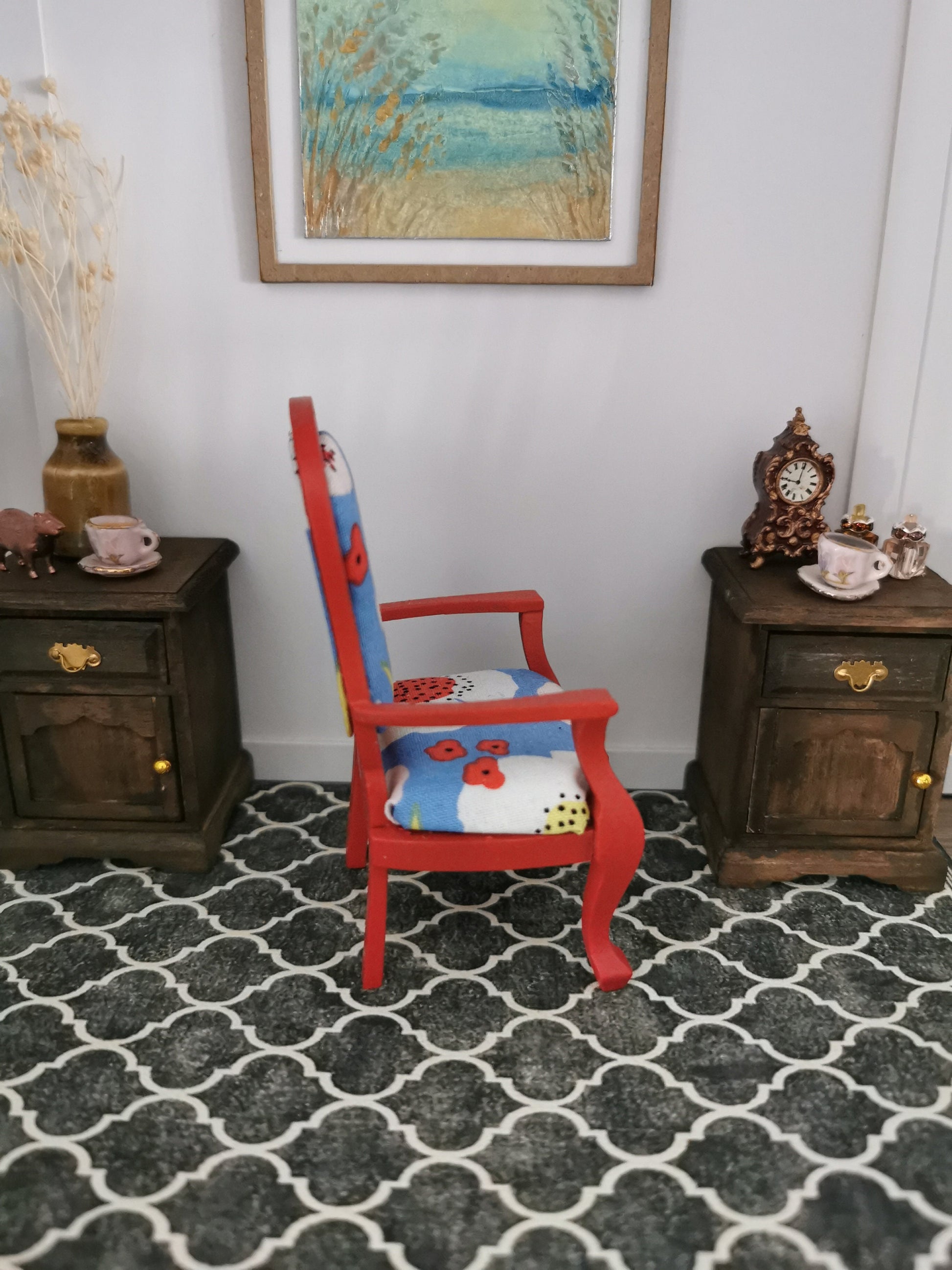 Red Chair in Blue Poppy Print | 1:12th Scale | Hand Finished - ZJ Miniatures 