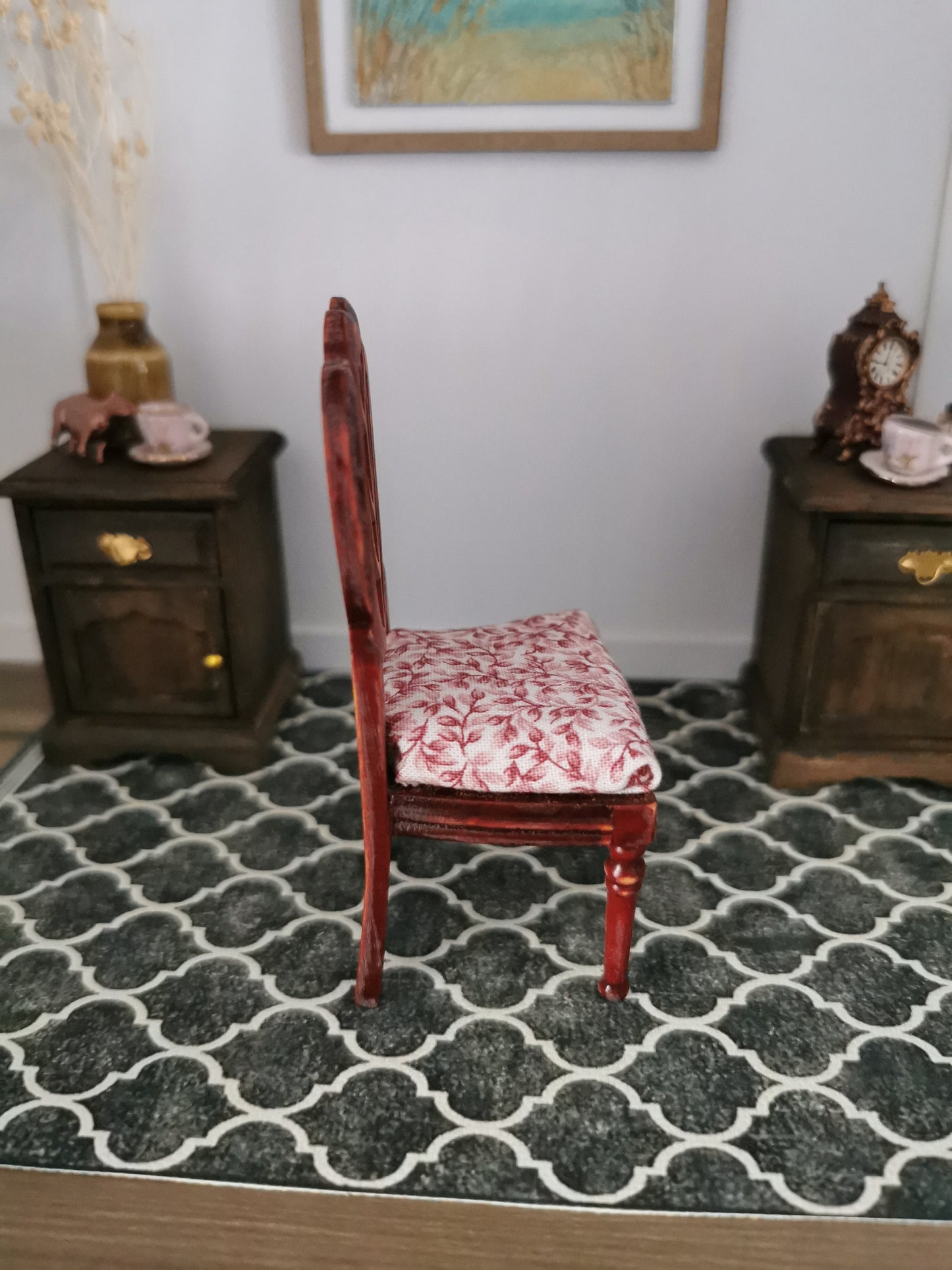 Red Chair in Pink Floral Print | 1:12th Scale | Hand Finished - ZJ Miniatures 