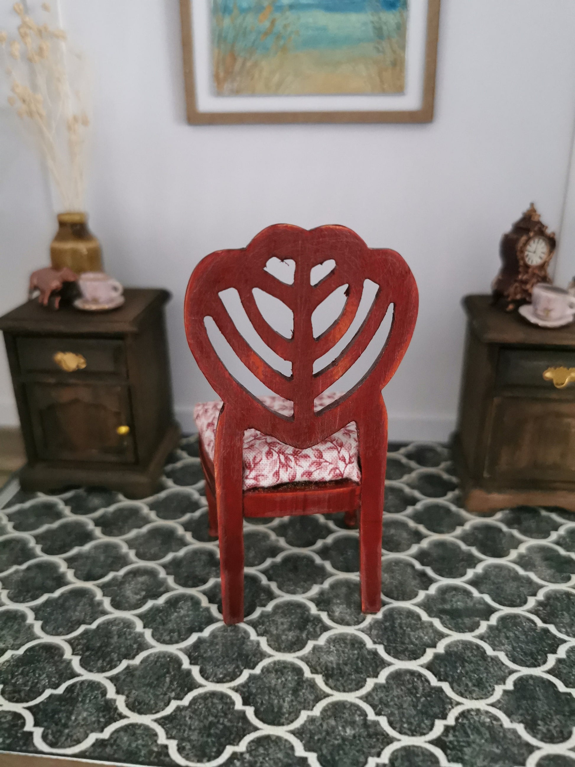 Red Chair in Pink Floral Print | 1:12th Scale | Hand Finished - ZJ Miniatures 