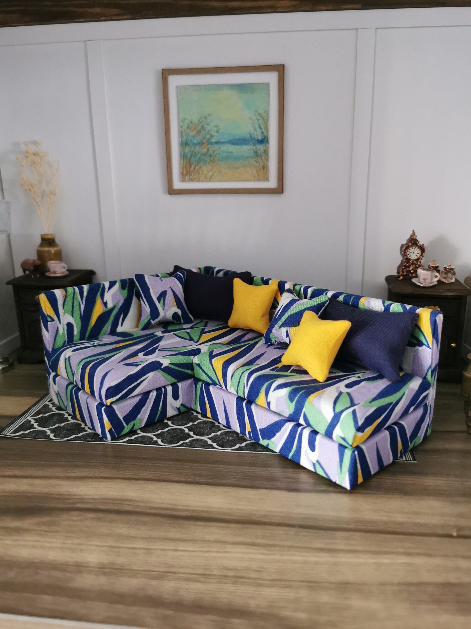 Modern Corner Sofa in Abstract Print | 1:12th Scale | Handmade - ZJ Miniatures 