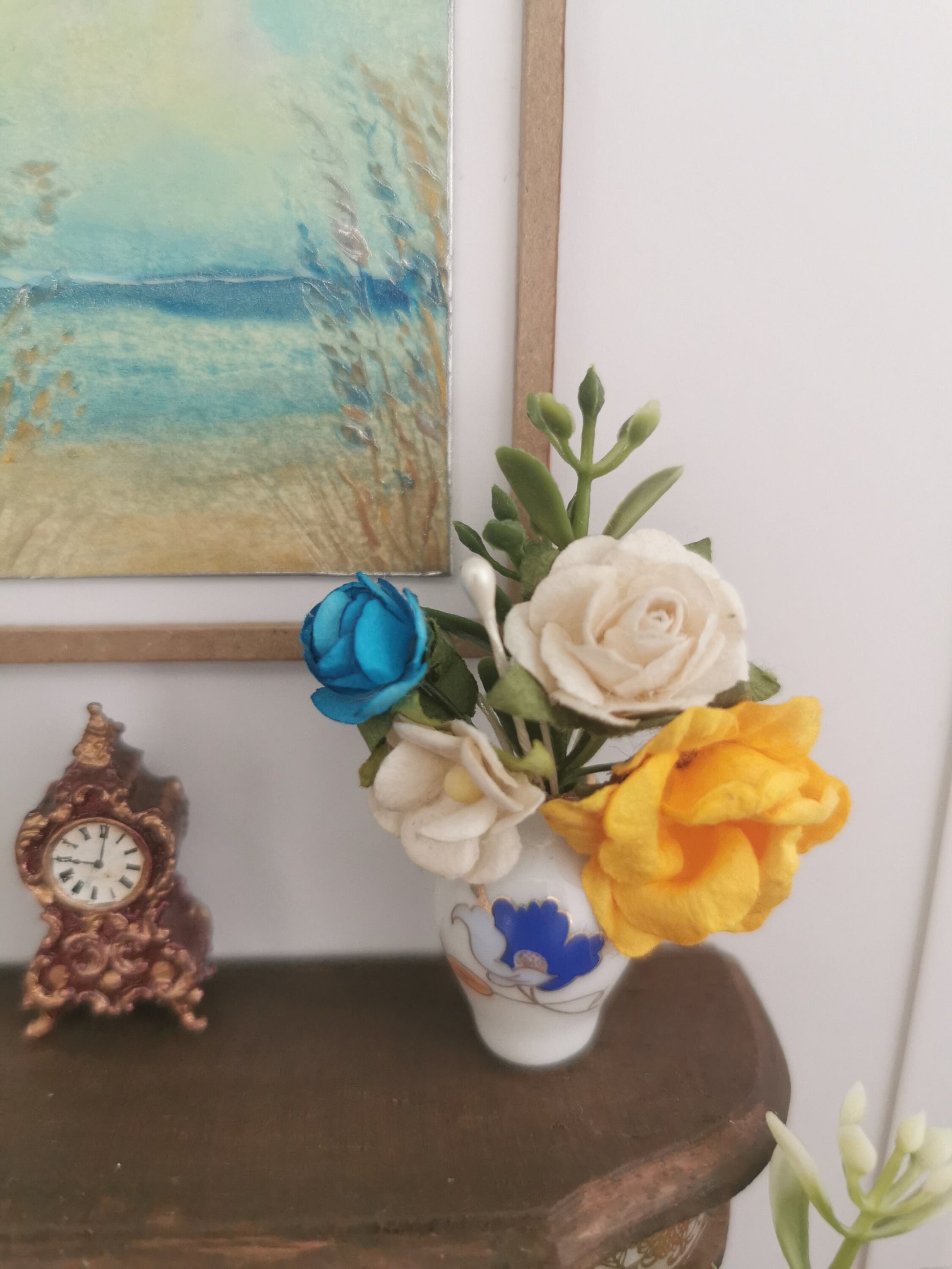 White/Blue/Gold Flower Vase | 1:12th Scale | Handmade - ZJ Miniatures 