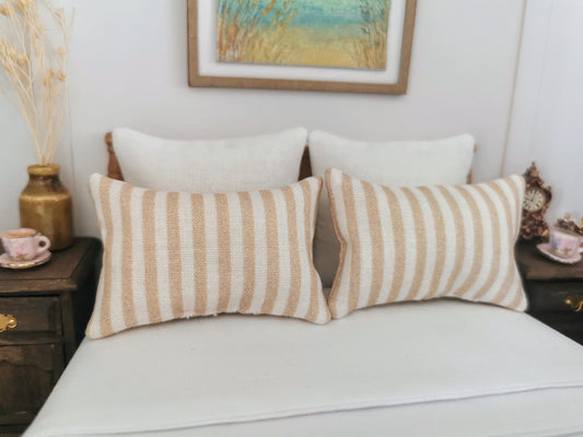 Beige/White Stripe Print Pillows | Set of 2 | 1:12th Scale | Handmade - ZJ Miniatures 