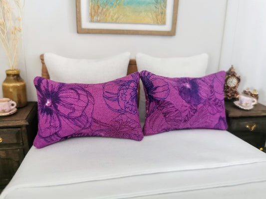 Purple Pansy Print Pillows | Set of 2 | 1:12th Scale | Handmade - ZJ Miniatures 