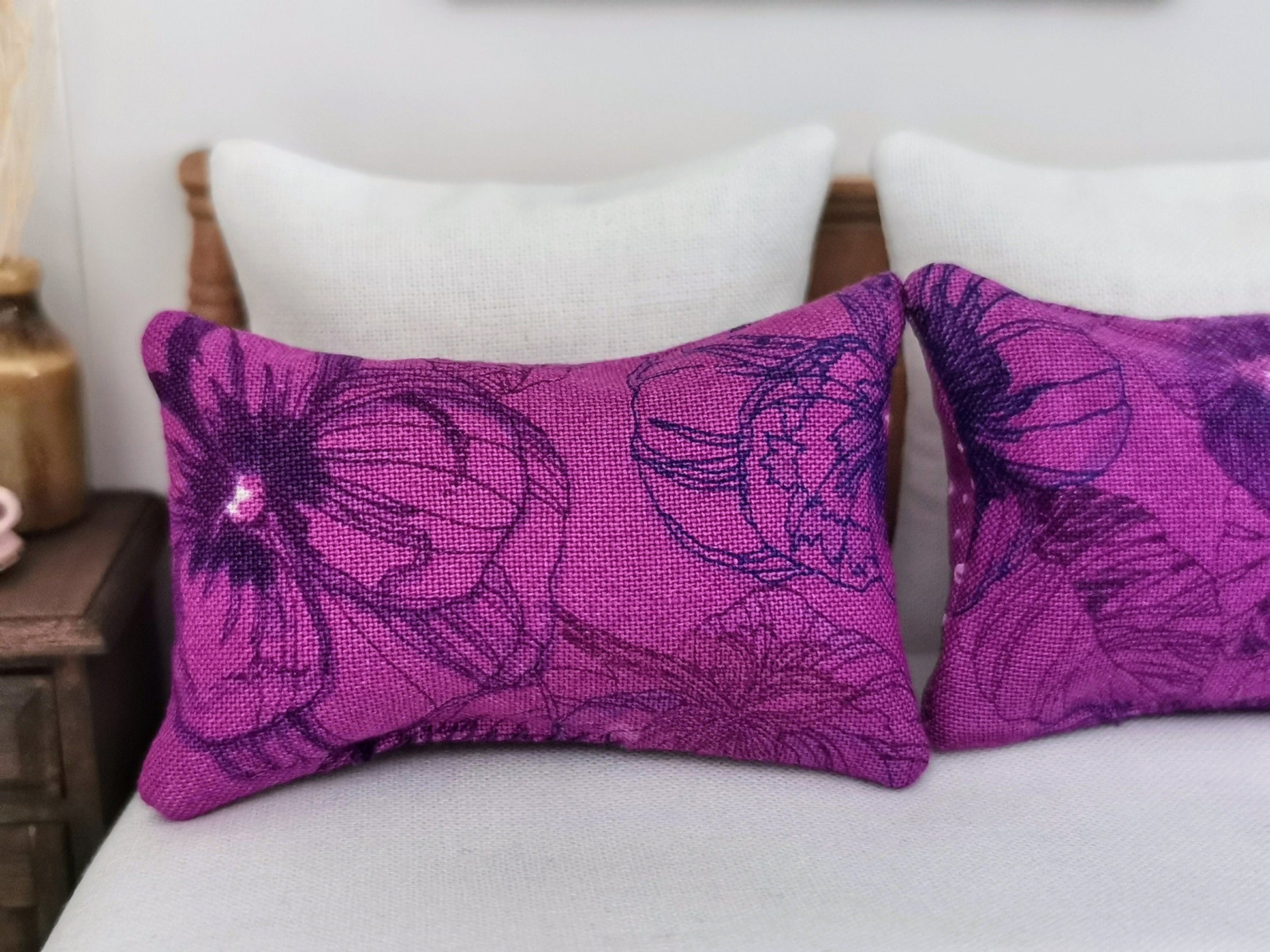 Purple Pansy Print Pillows | Set of 2 | 1:12th Scale | Handmade - ZJ Miniatures 