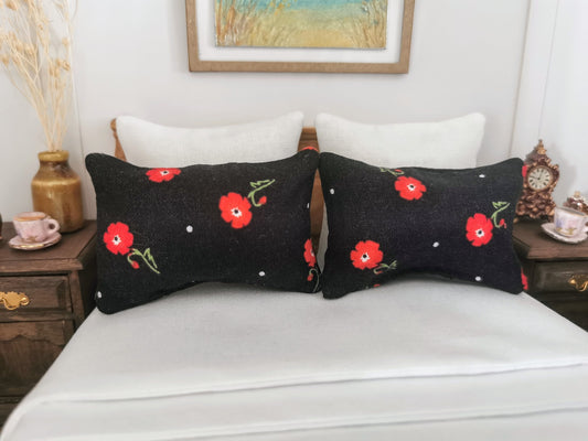 Black/Red Floral Print Pillows | Set of 2 | 1:12th Scale | Handmade - ZJ Miniatures 