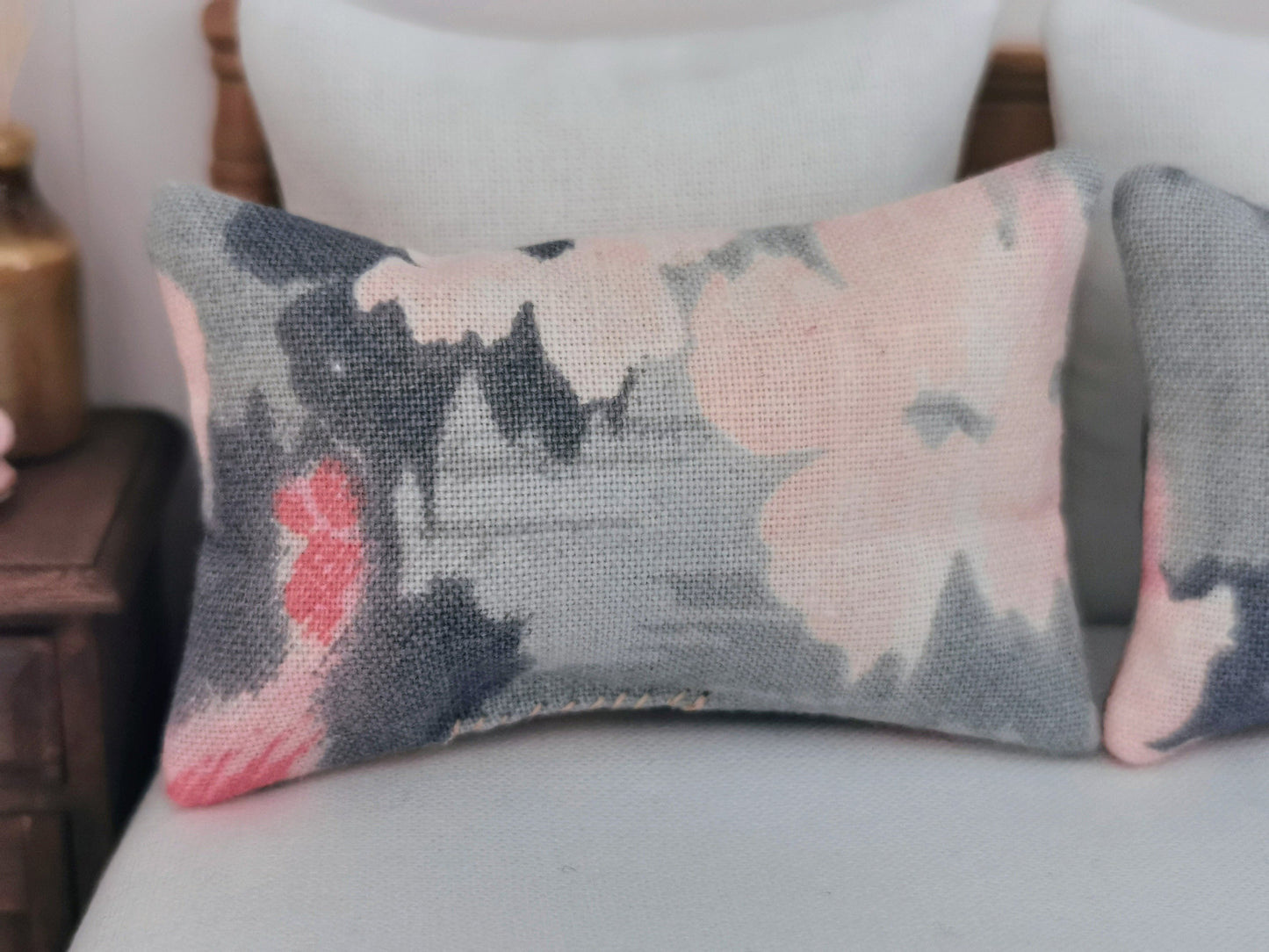 Grey/Light Pink Abstract Print Pillows | Set of 2 | 1:12th Scale | Handmade - ZJ Miniatures 