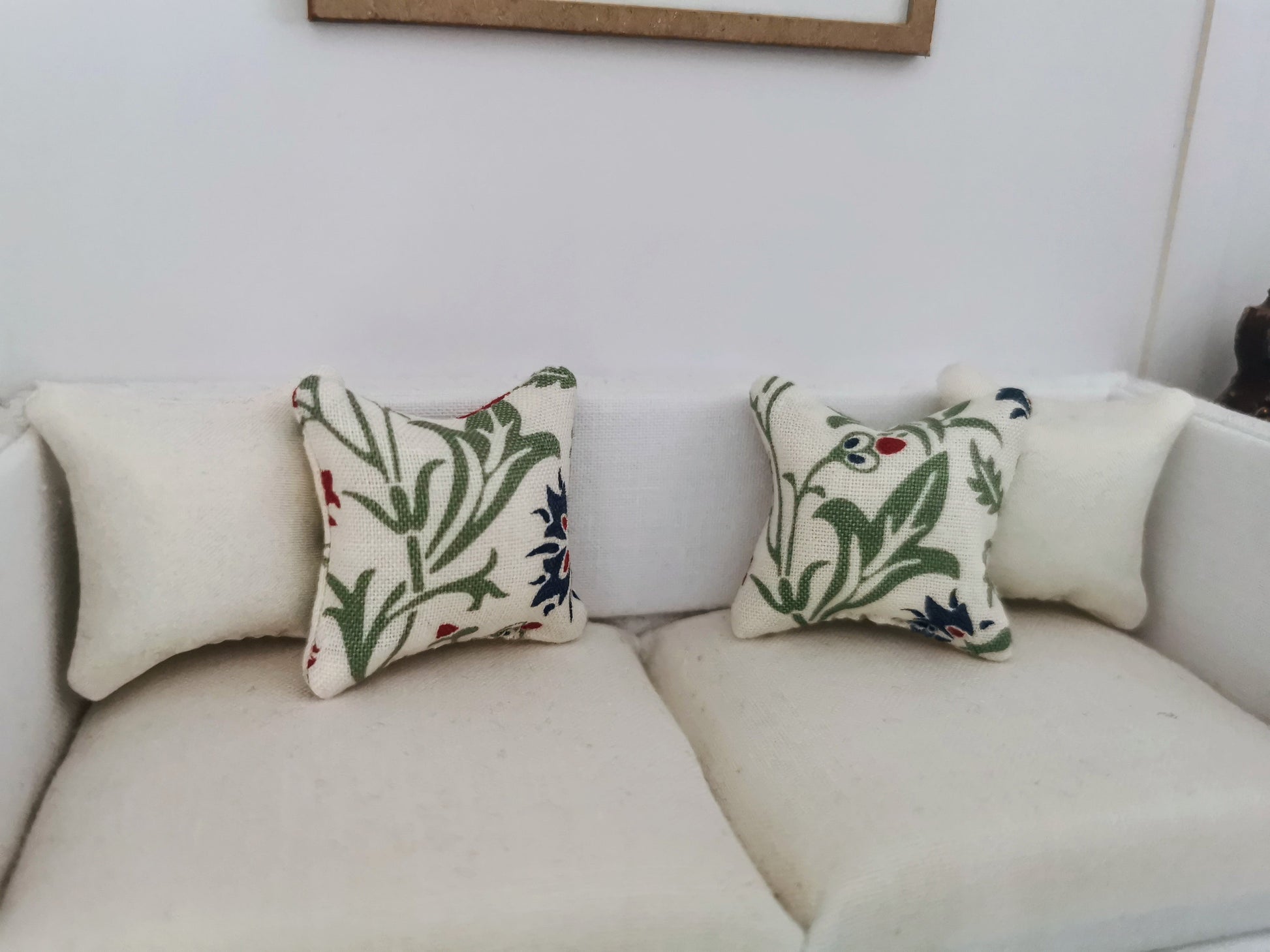 White/Green William Morris Floral Print Cushion | 1:12th Scale | Handmade - ZJ Miniatures 