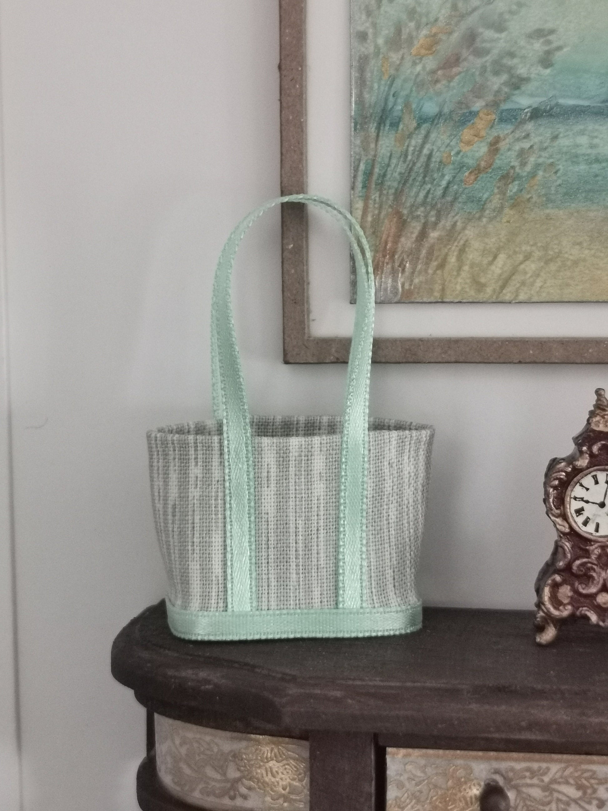 Cream/Green Stripe Fabric Tote Bag | 1:12th Scale | Handmade - ZJ Miniatures 