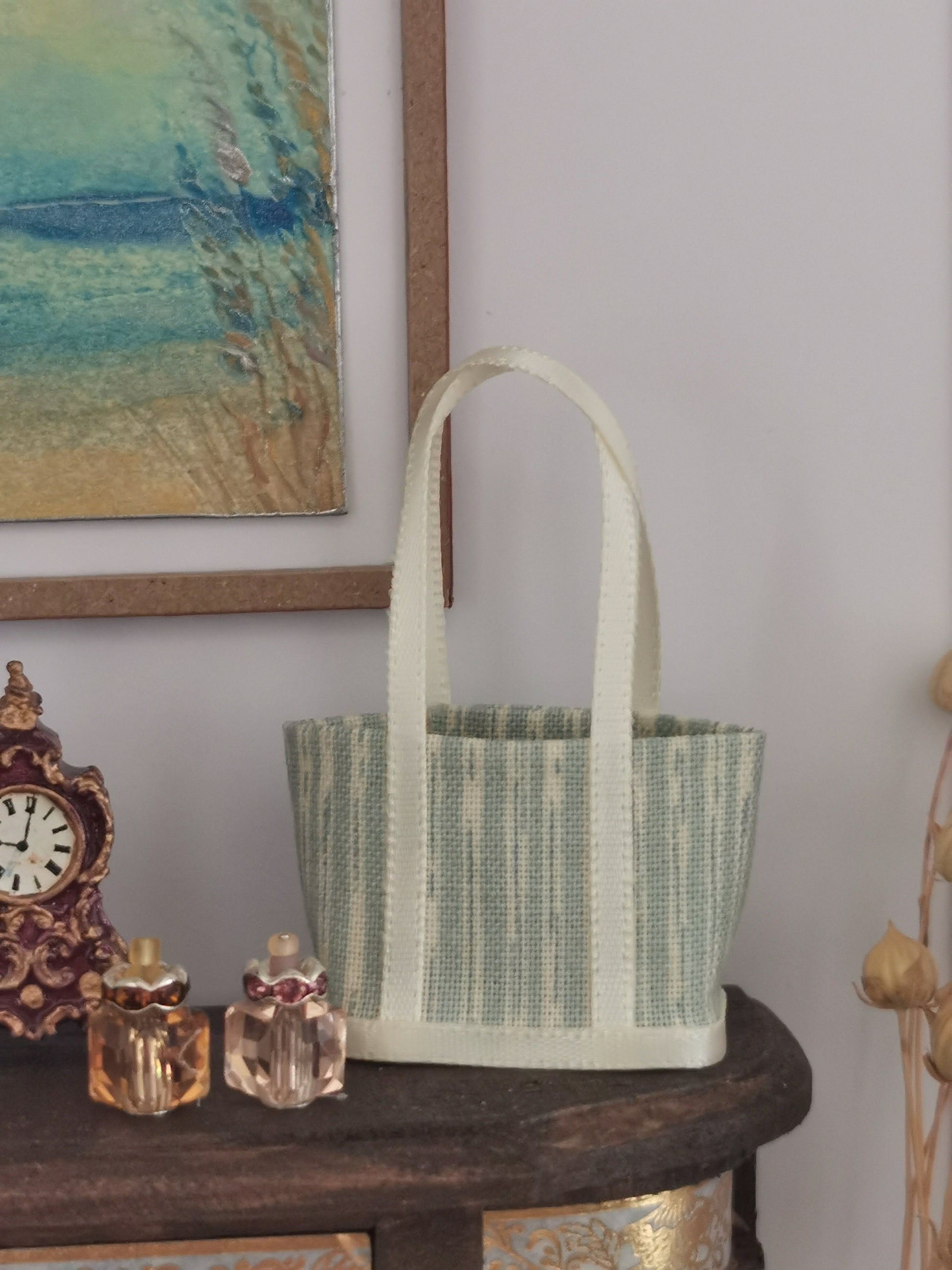 Cream/Green Stripe Fabric Tote Bag | 1:12th Scale | Handmade - ZJ Miniatures 