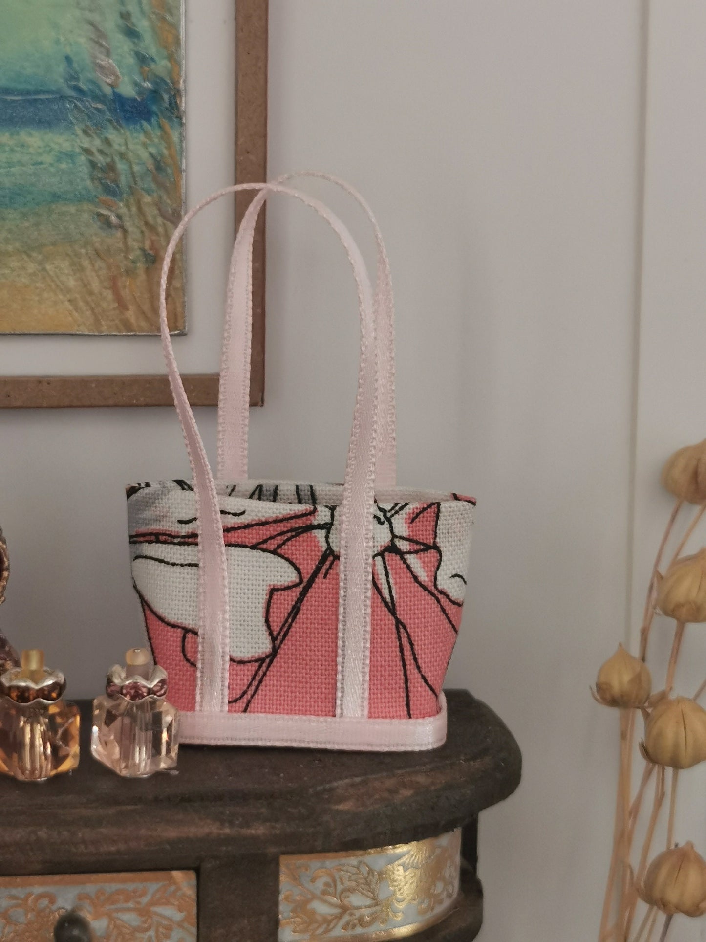 Pink Floral Fabric Tote Bag | 1:12th Scale | Handmade - ZJ Miniatures 