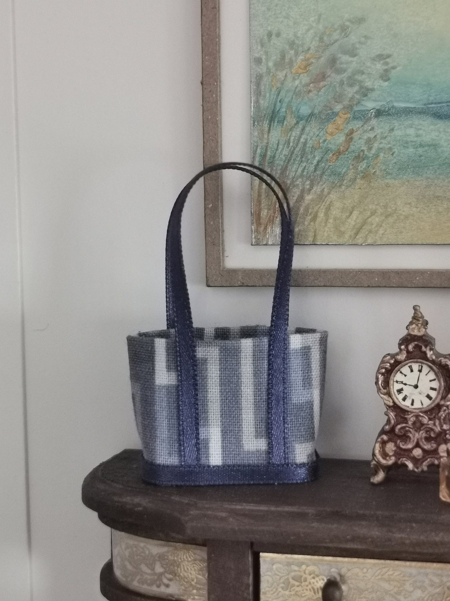 Blue Geo Fabric Tote Bag | 1:12th Scale | Handmade - ZJ Miniatures 