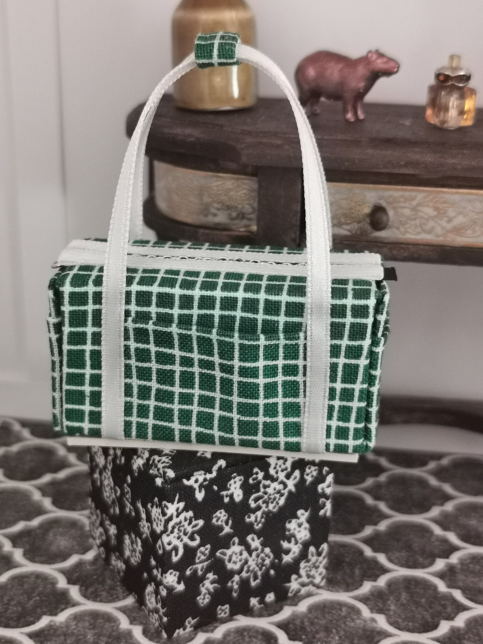 Green/White Check Fabric Overnight Bag | 1:12th Scale | Handmade - ZJ Miniatures 