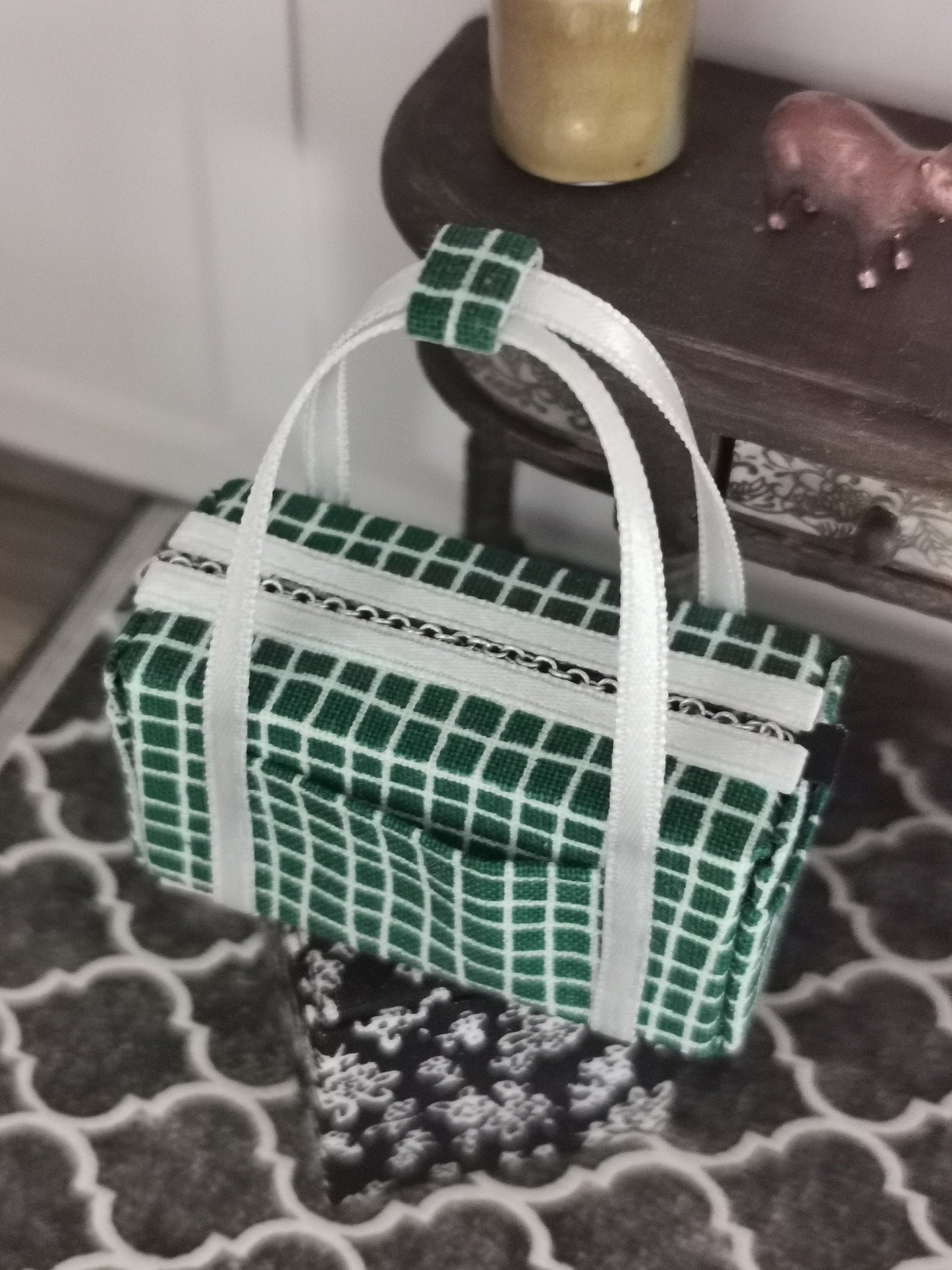 Green/White Check Fabric Overnight Bag | 1:12th Scale | Handmade - ZJ Miniatures 