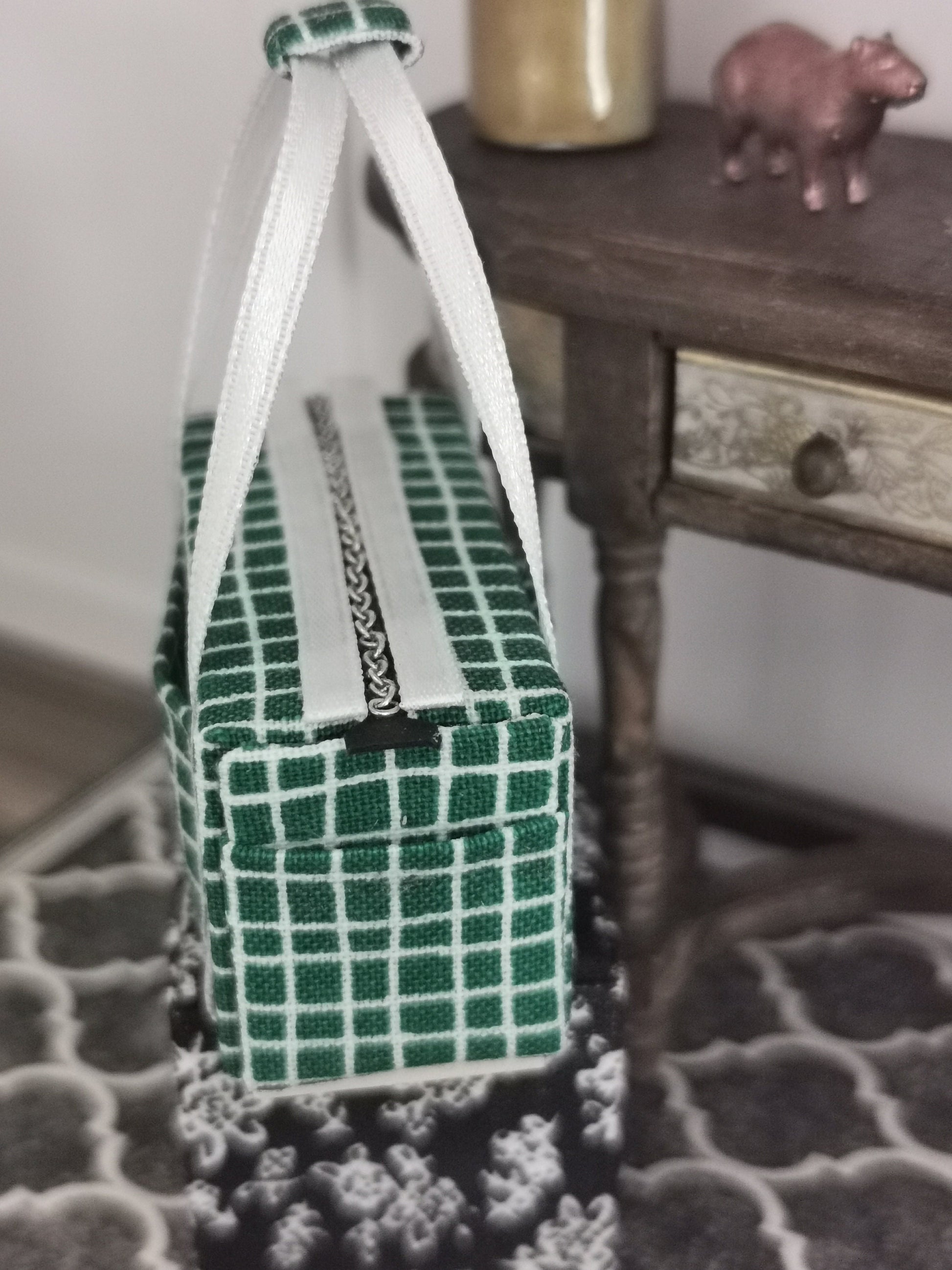 Green/White Check Fabric Overnight Bag | 1:12th Scale | Handmade - ZJ Miniatures 