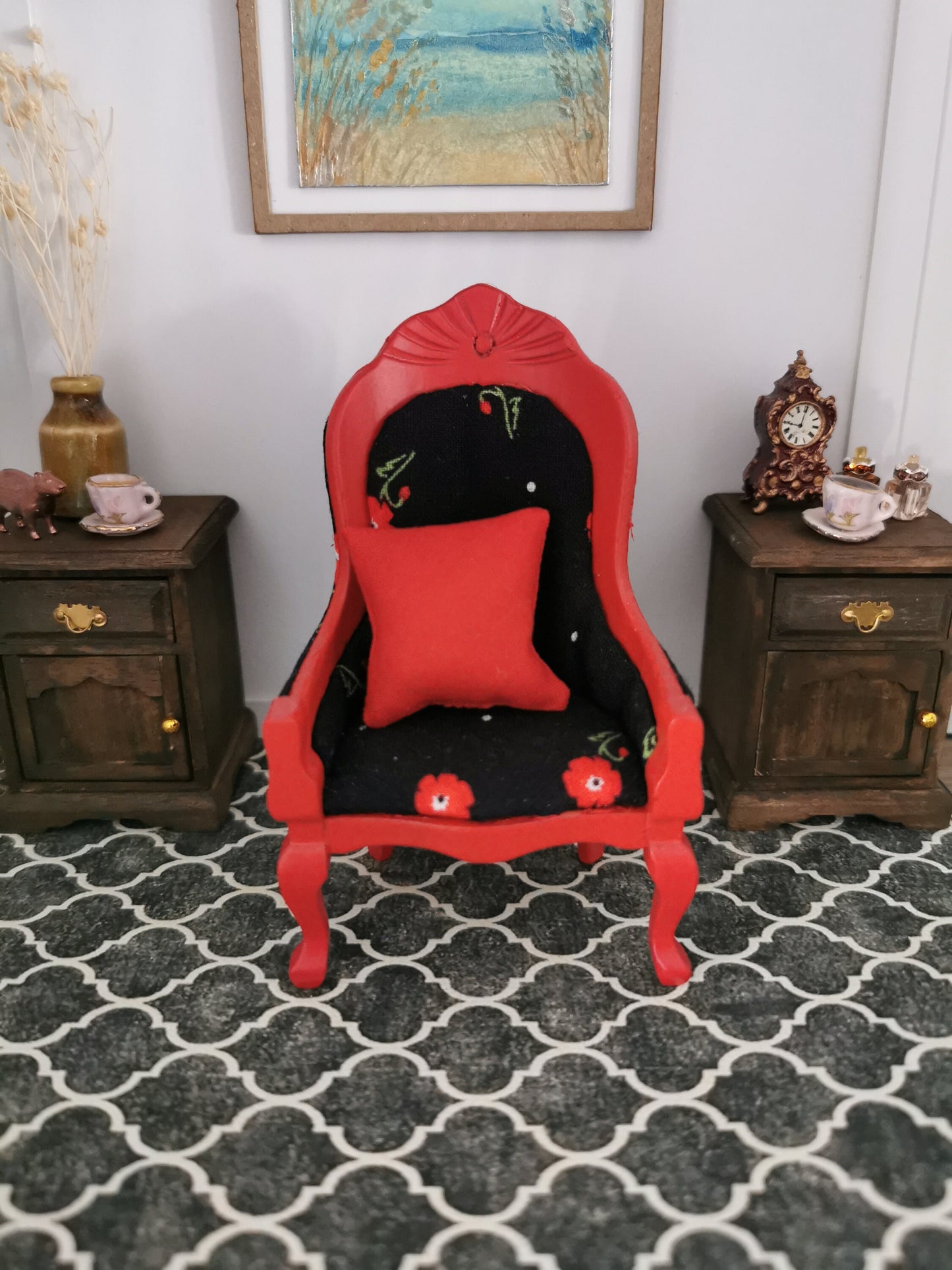 Red Chair in Black Floral Print | 1:12th Scale | Hand Finished - ZJ Miniatures 