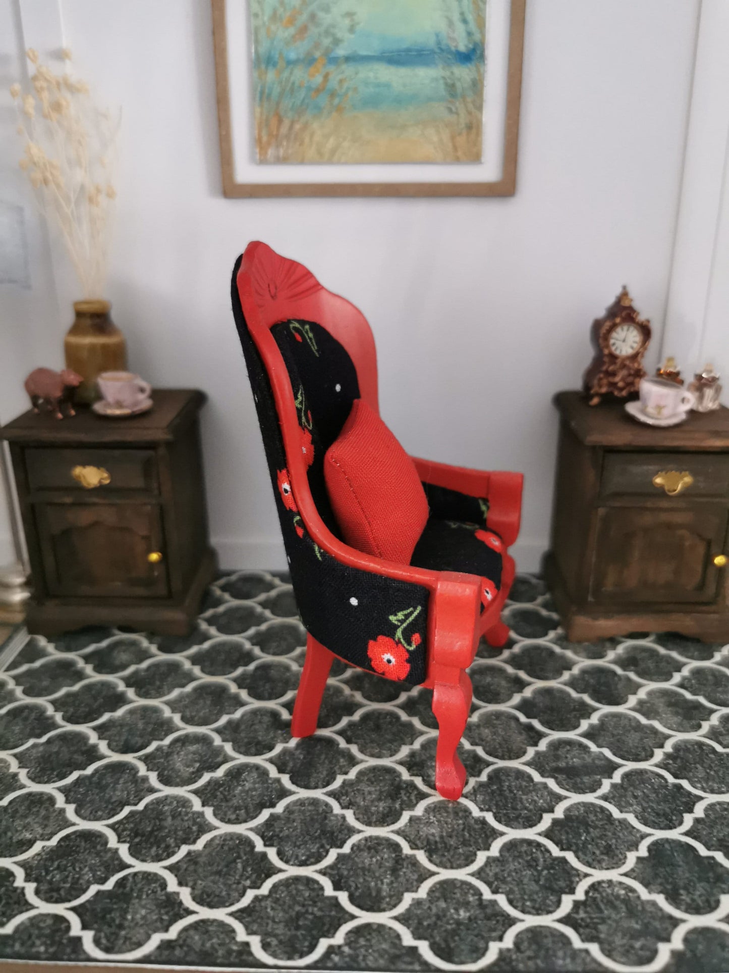 Red Chair in Black Floral Print | 1:12th Scale | Hand Finished - ZJ Miniatures 