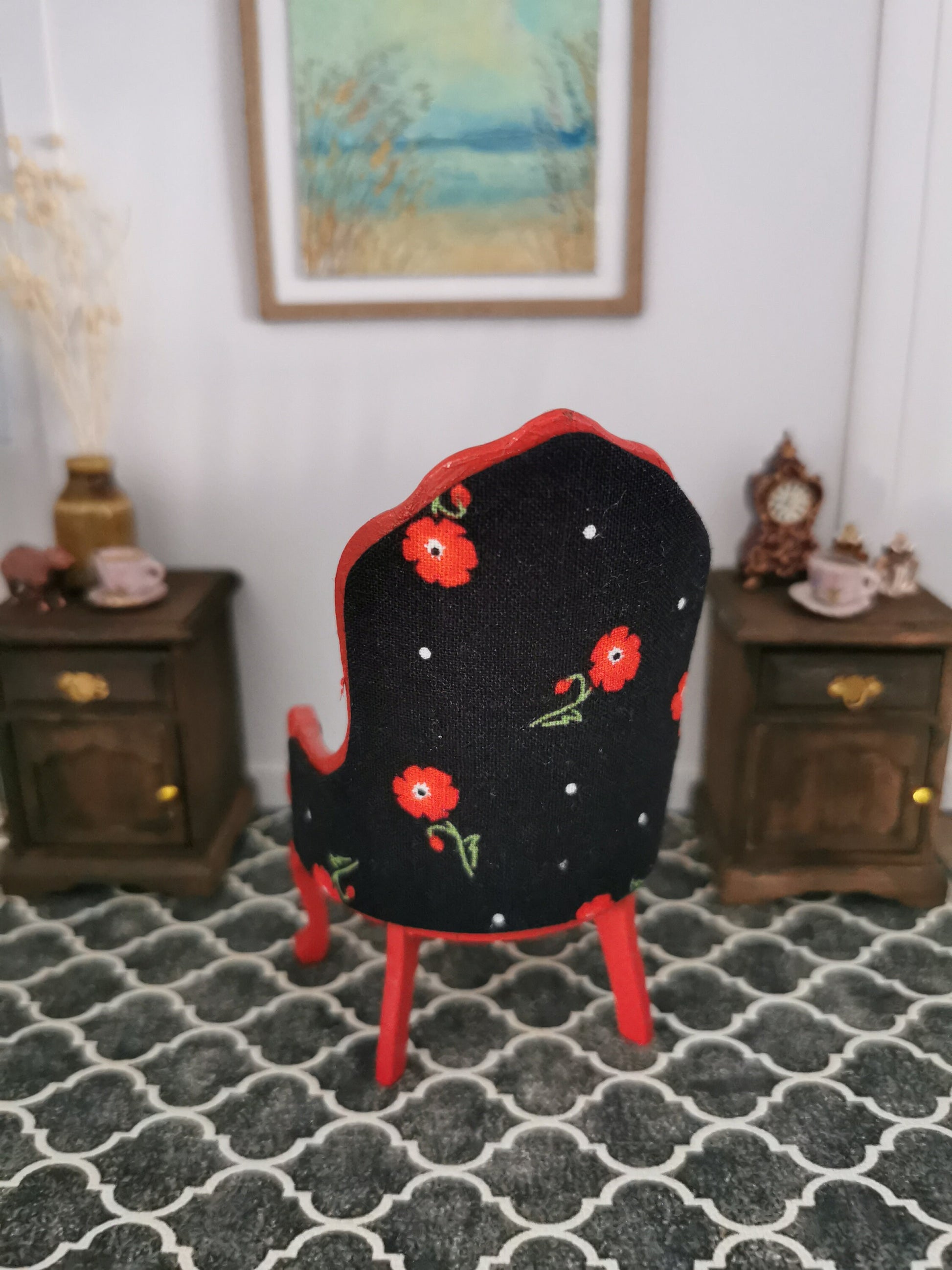 Red Chair in Black Floral Print | 1:12th Scale | Hand Finished - ZJ Miniatures 