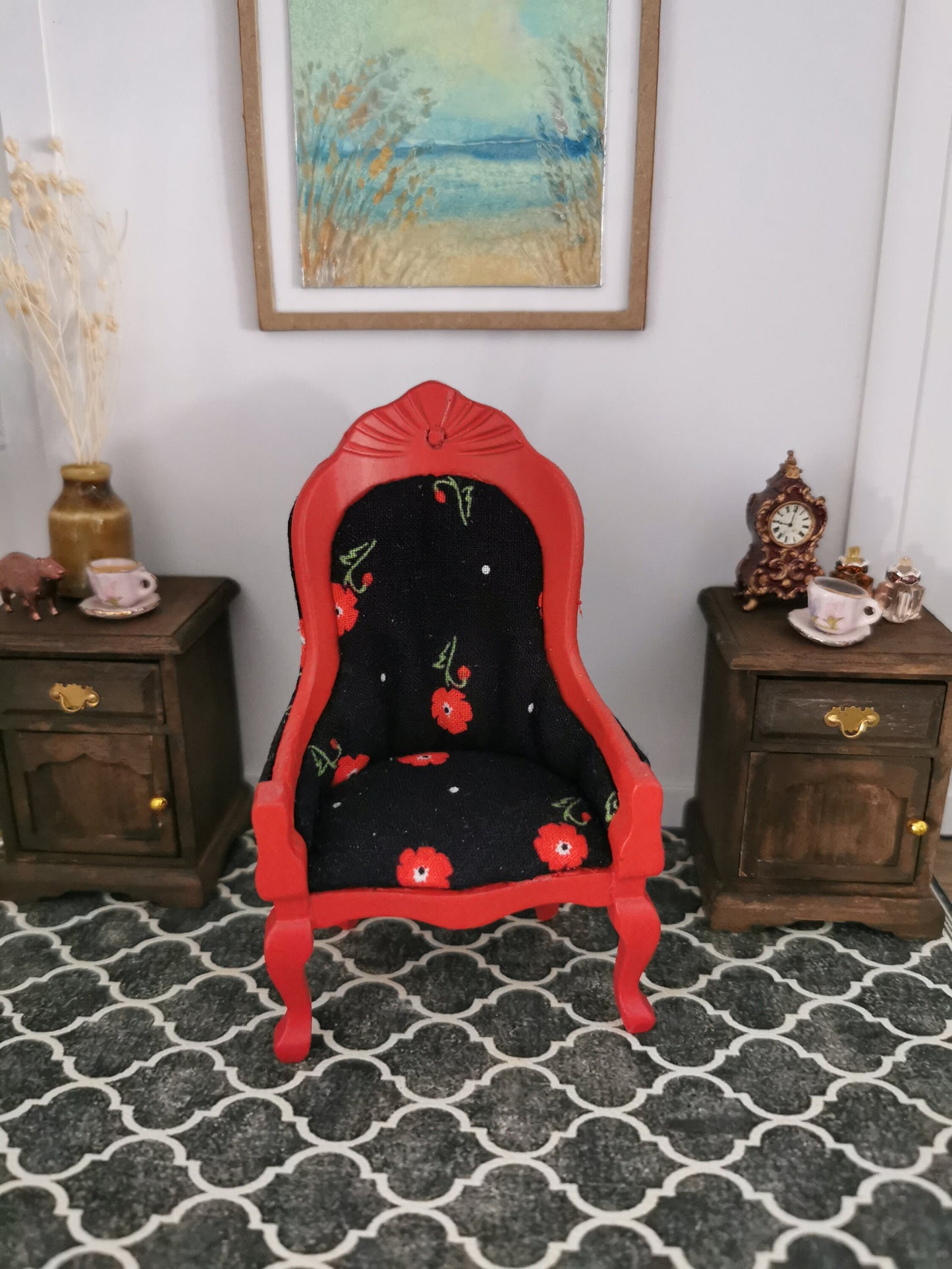 Red Chair in Black Floral Print | 1:12th Scale | Hand Finished - ZJ Miniatures 