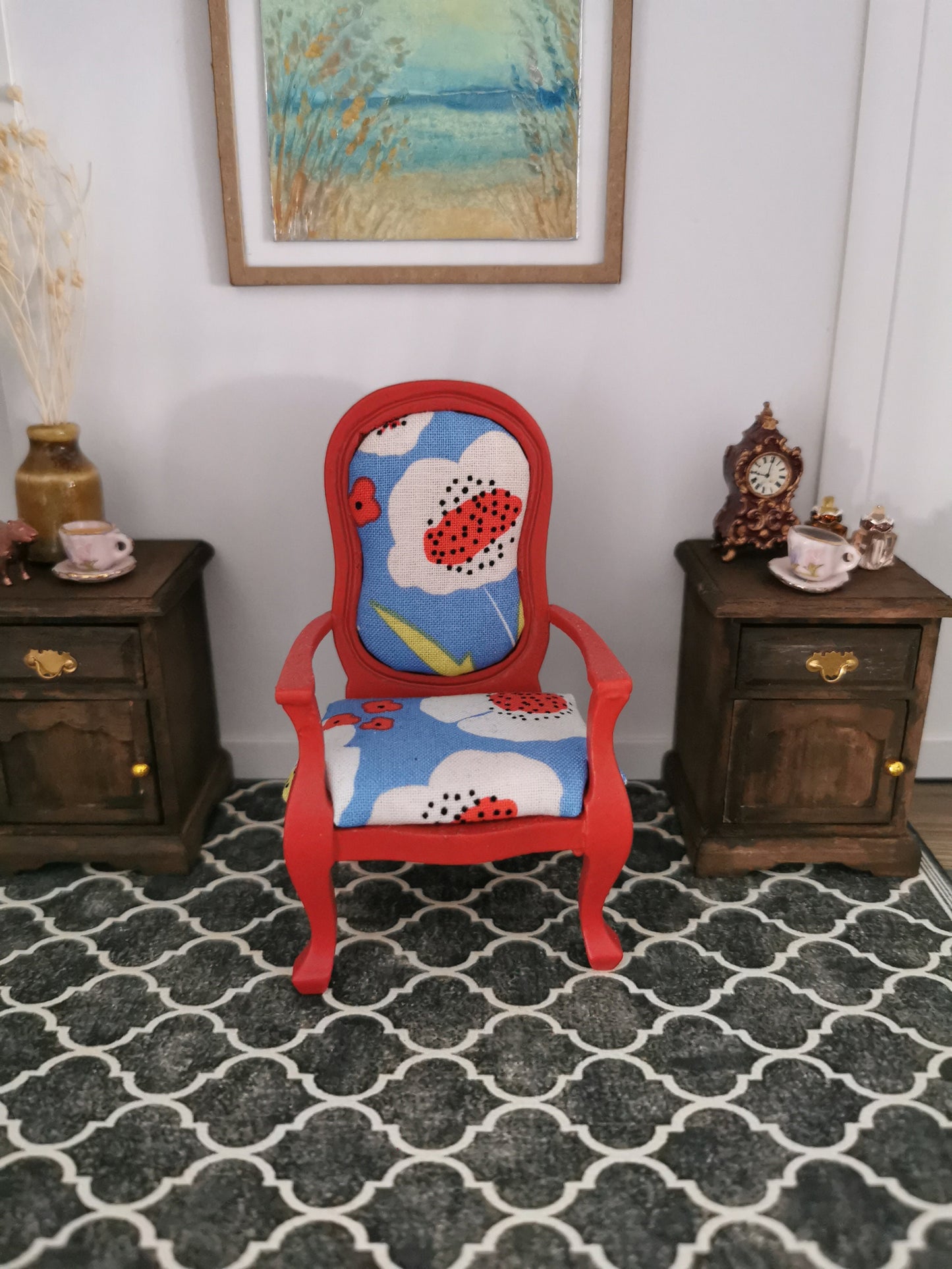 Red Chair in Blue Poppy Print | 1:12th Scale | Hand Finished - ZJ Miniatures 