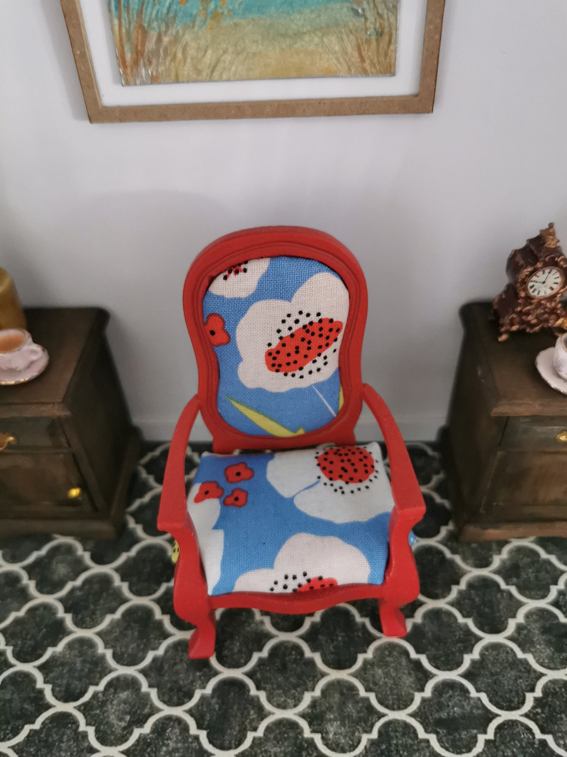 Red Chair in Blue Poppy Print | 1:12th Scale | Hand Finished - ZJ Miniatures 