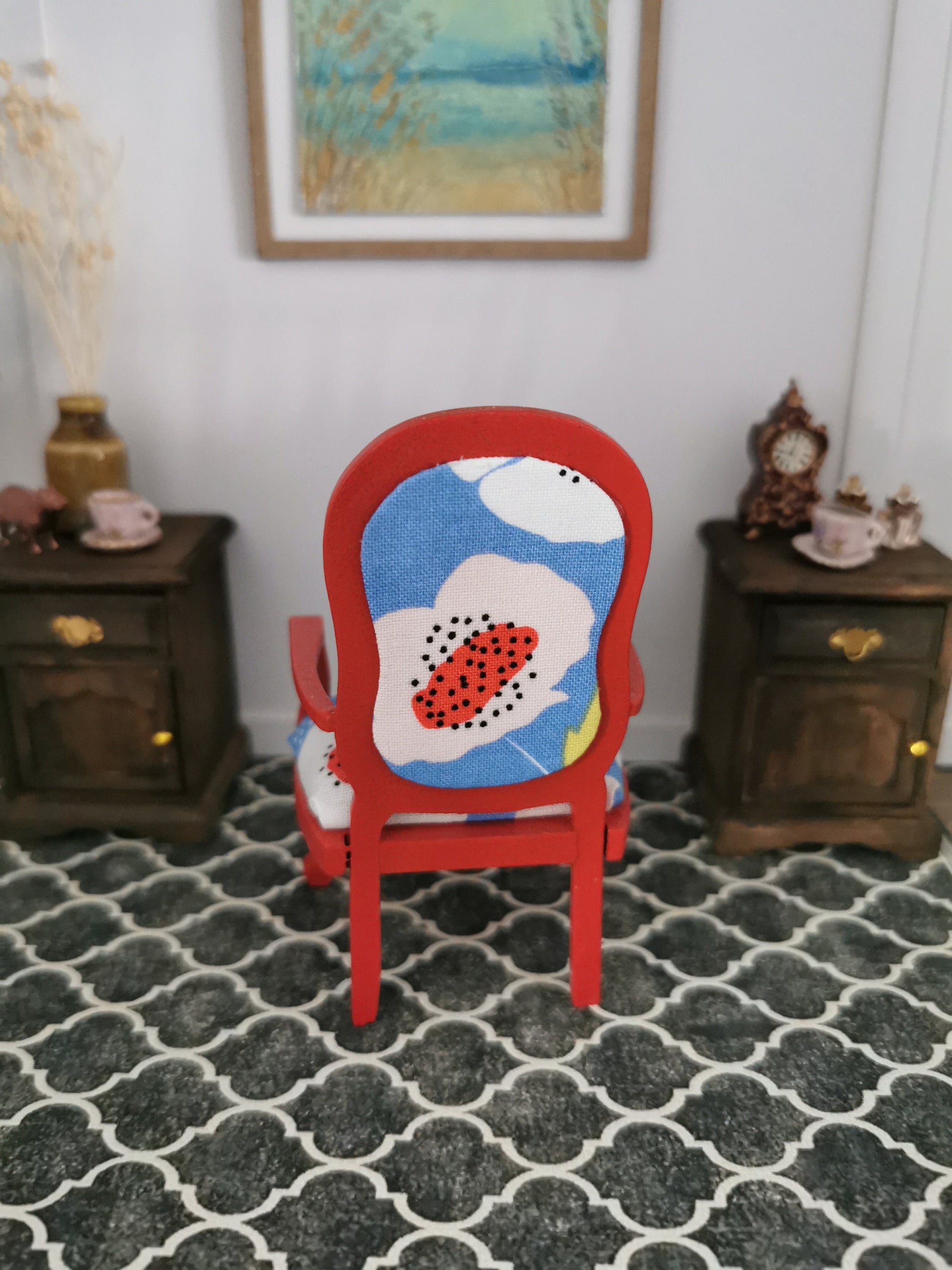 Red Chair in Blue Poppy Print | 1:12th Scale | Hand Finished - ZJ Miniatures 