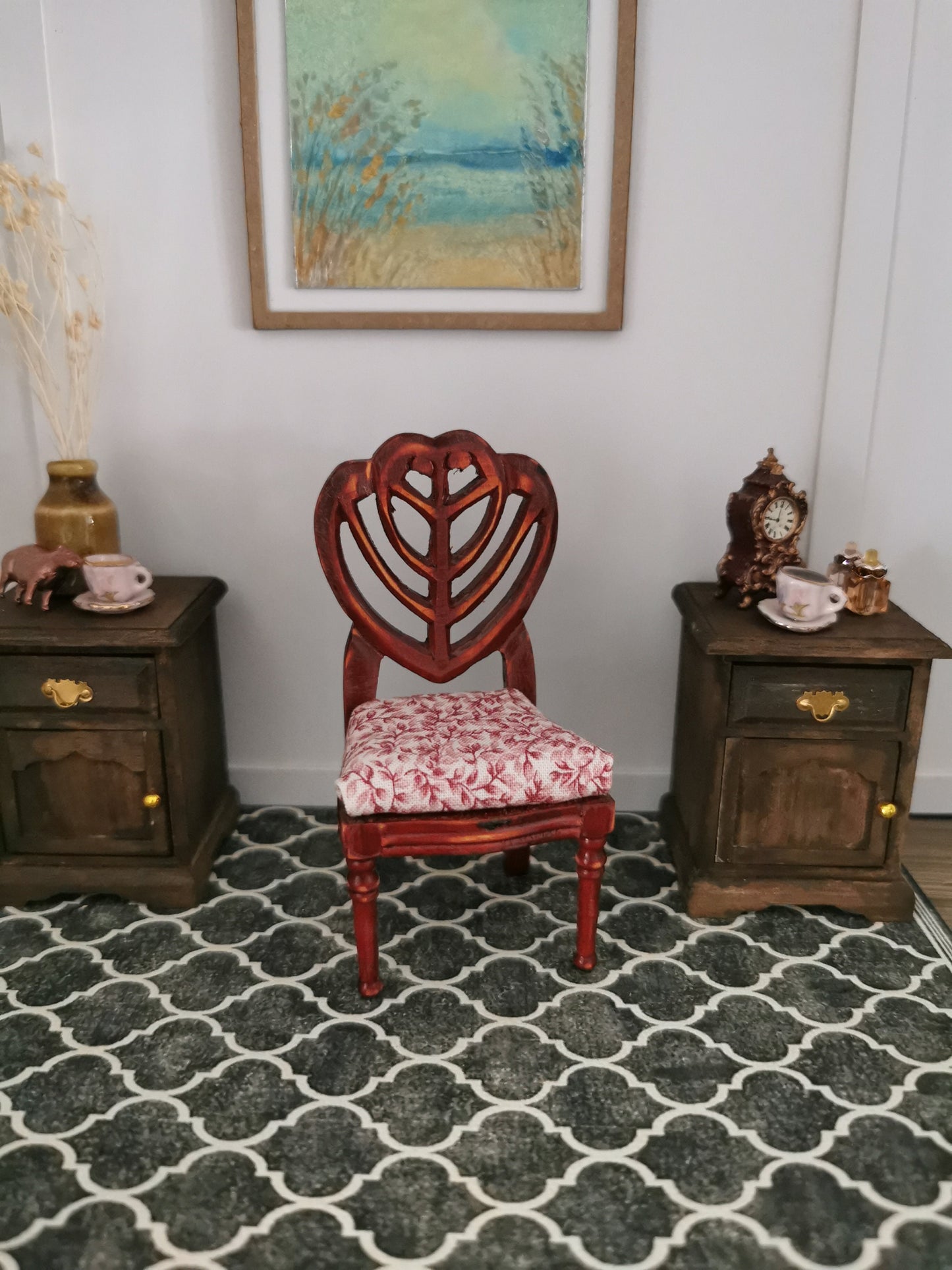 Red Chair in Pink Floral Print | 1:12th Scale | Hand Finished - ZJ Miniatures 