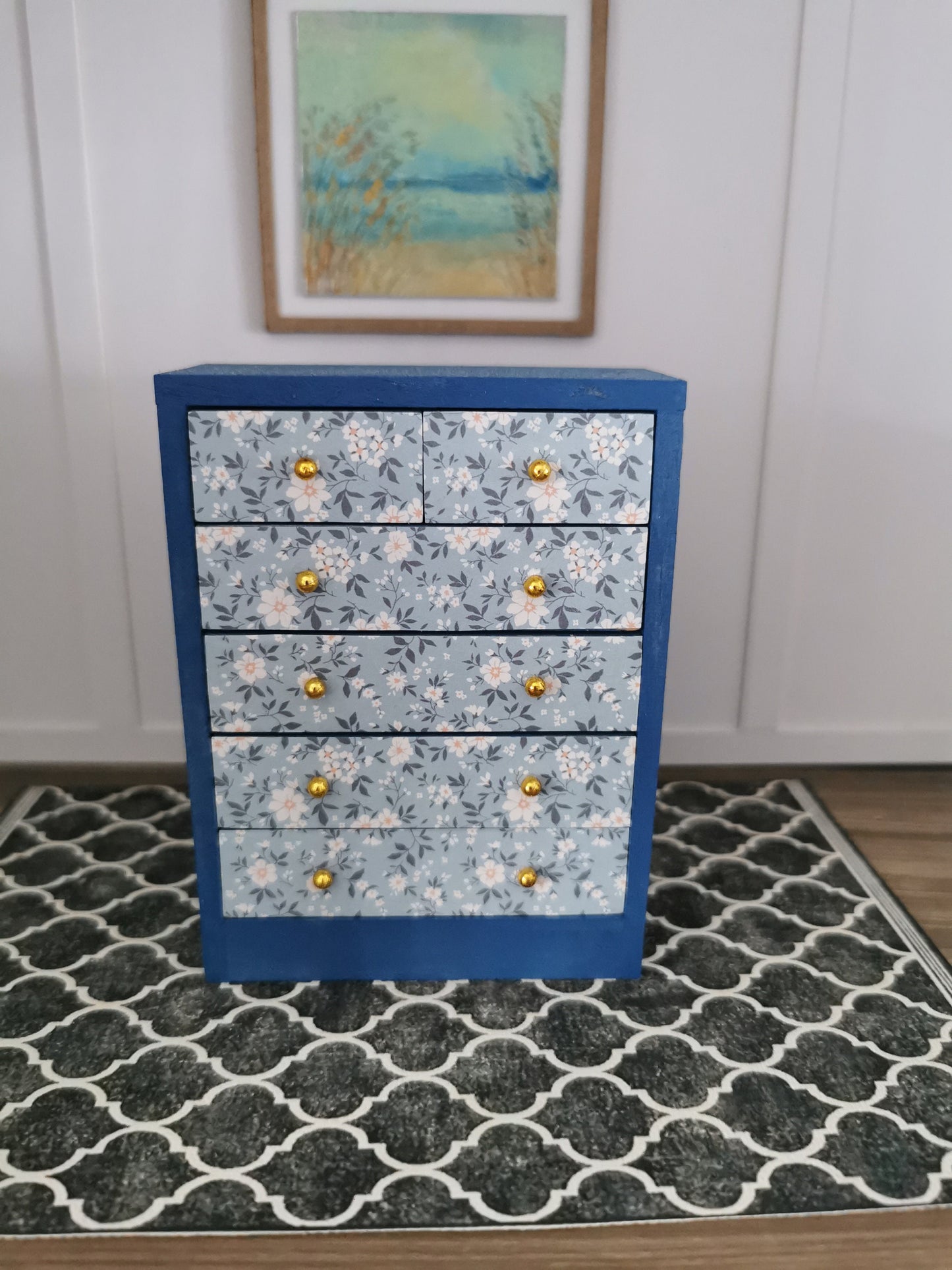 Chest of Drawers in Blue Floral | 1:12th Scale | Hand-Finished - ZJ Miniatures 