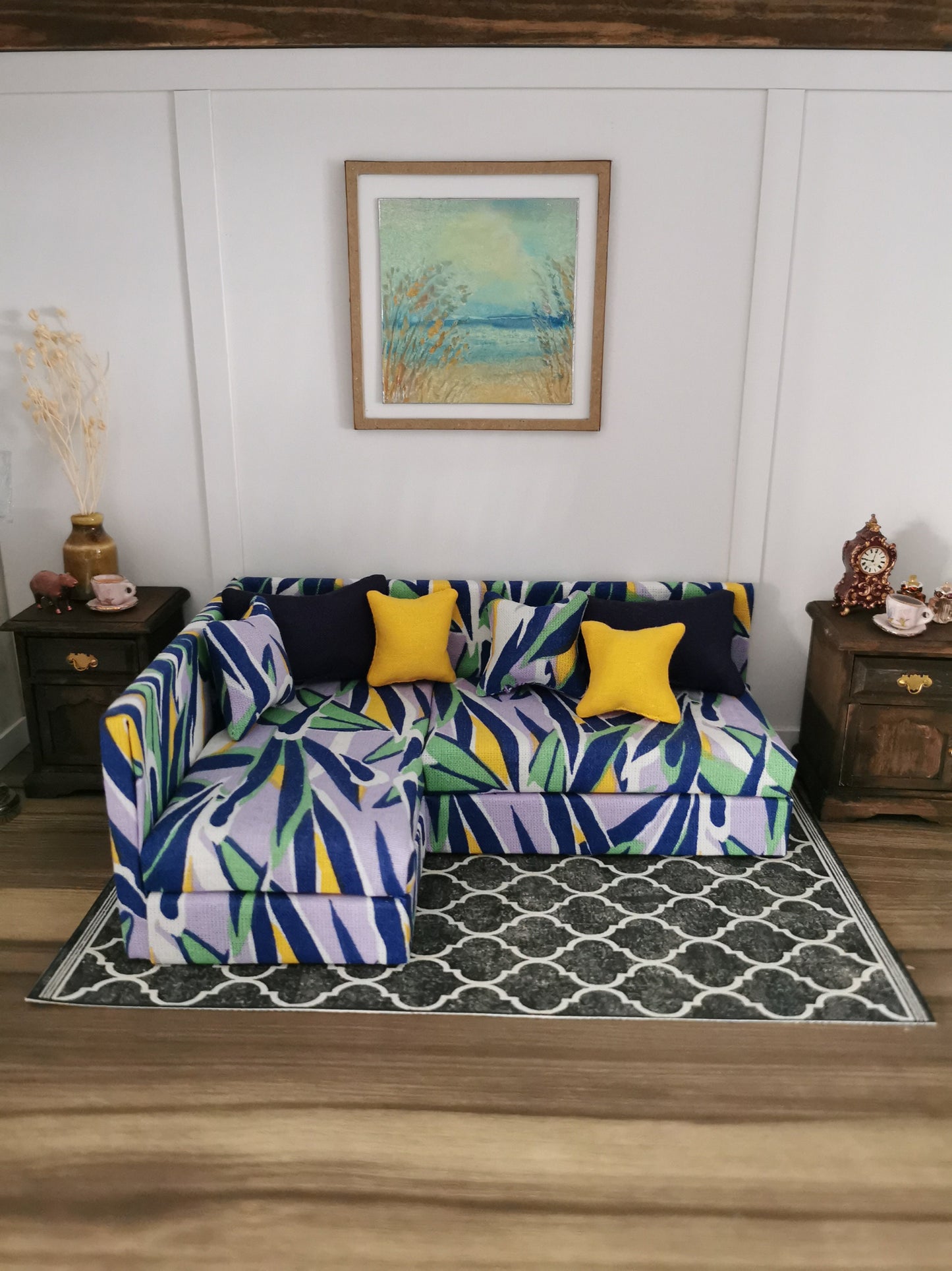 Modern Corner Sofa in Abstract Print | 1:12th Scale | Handmade - ZJ Miniatures 