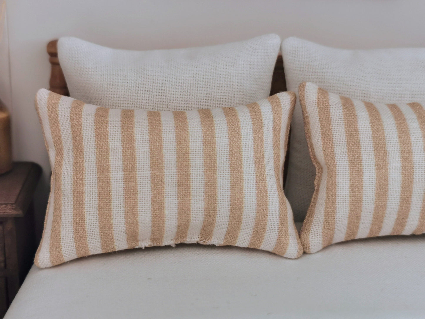 Beige/White Stripe Print Pillows | Set of 2 | 1:12th Scale | Handmade - ZJ Miniatures 